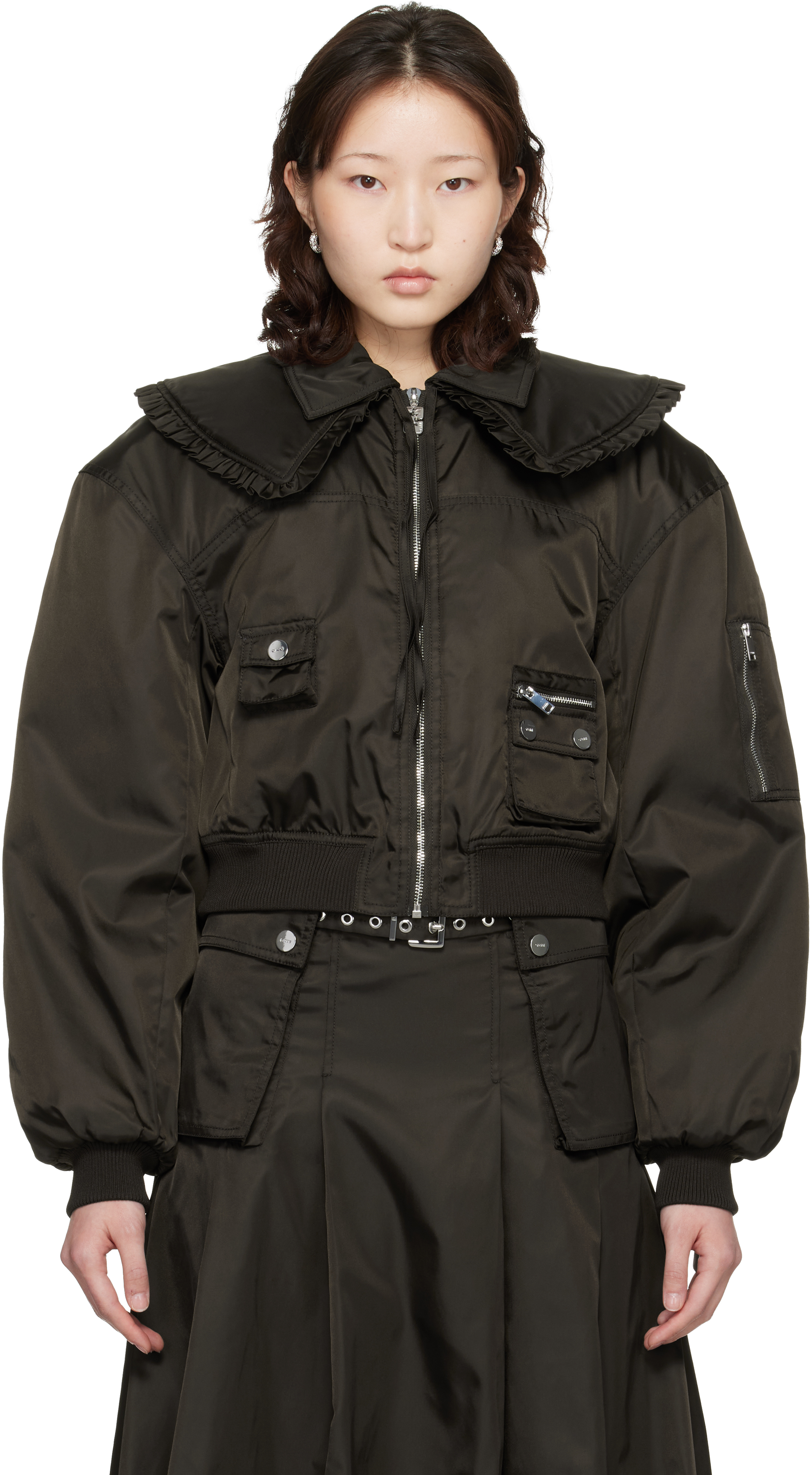 GANNI Brown Duchesse Nylon Bomber Jacket