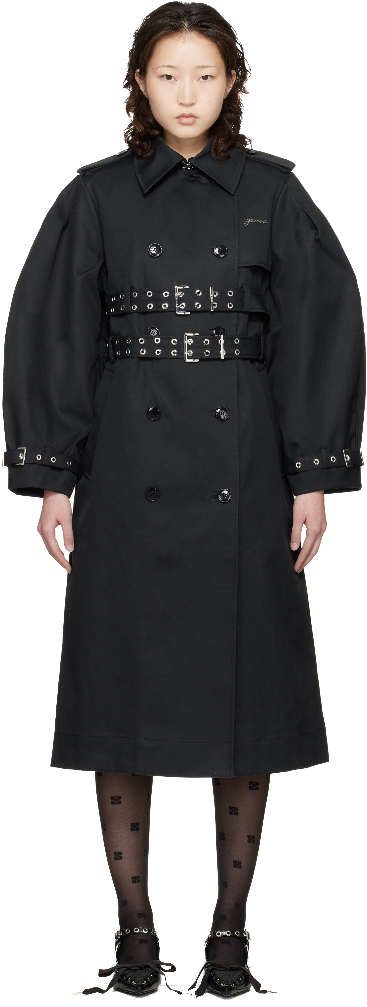 GANNI Black Bonded Cotton Trench Coat