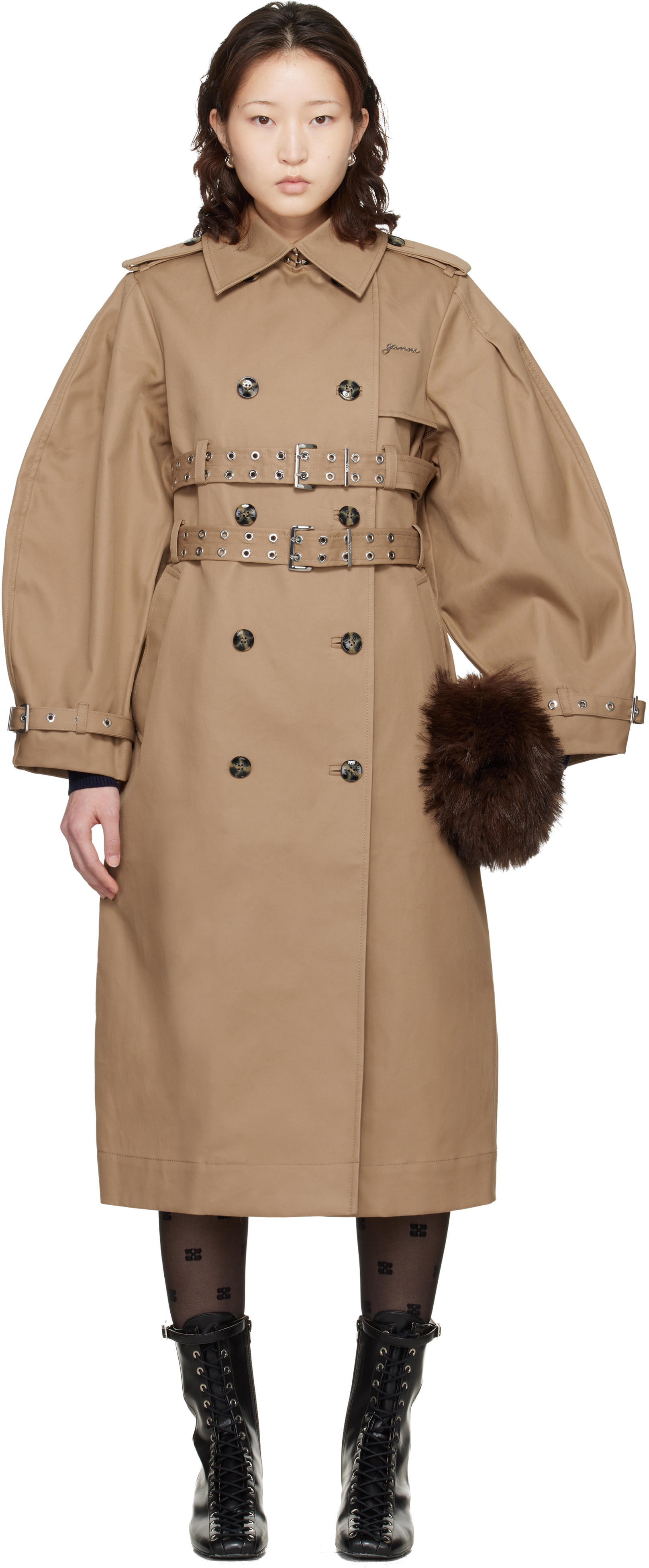 GANNI Beige Bonded Cotton Trench Coat