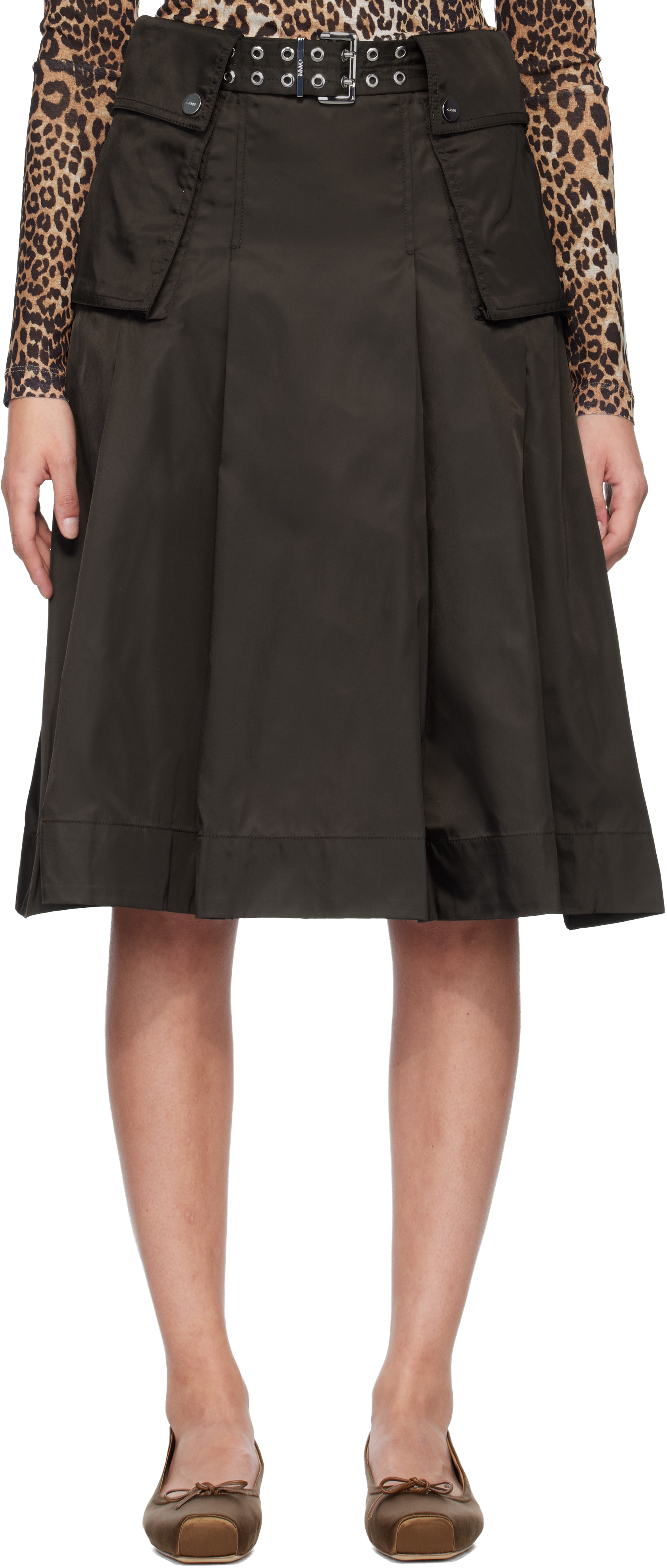 GANNI Brown Duchesse Nylon Pleated Midi Skirt