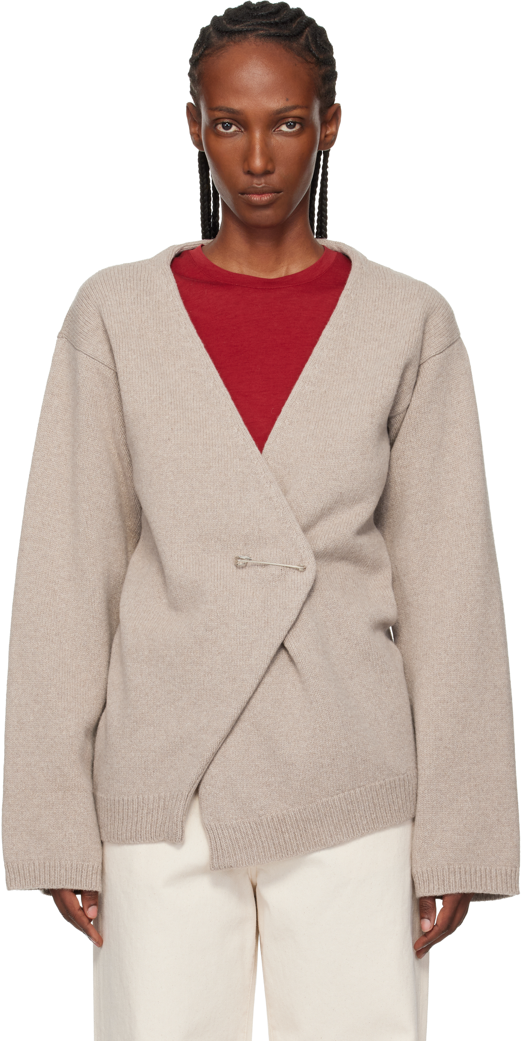 Róhe: Taupe Off-Shoulder Wrap Cardigan | SSENSE