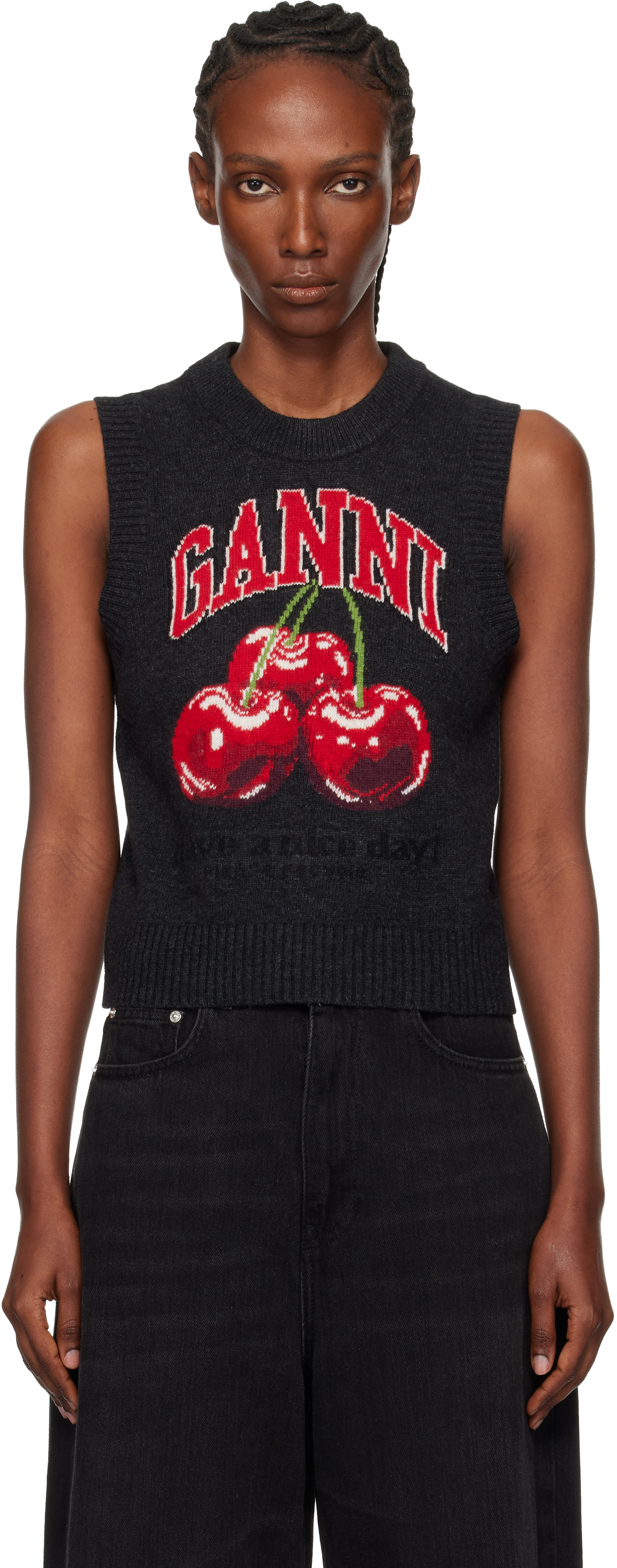 GANNI: Gray Graphic Wool Sweater Vest | SSENSE