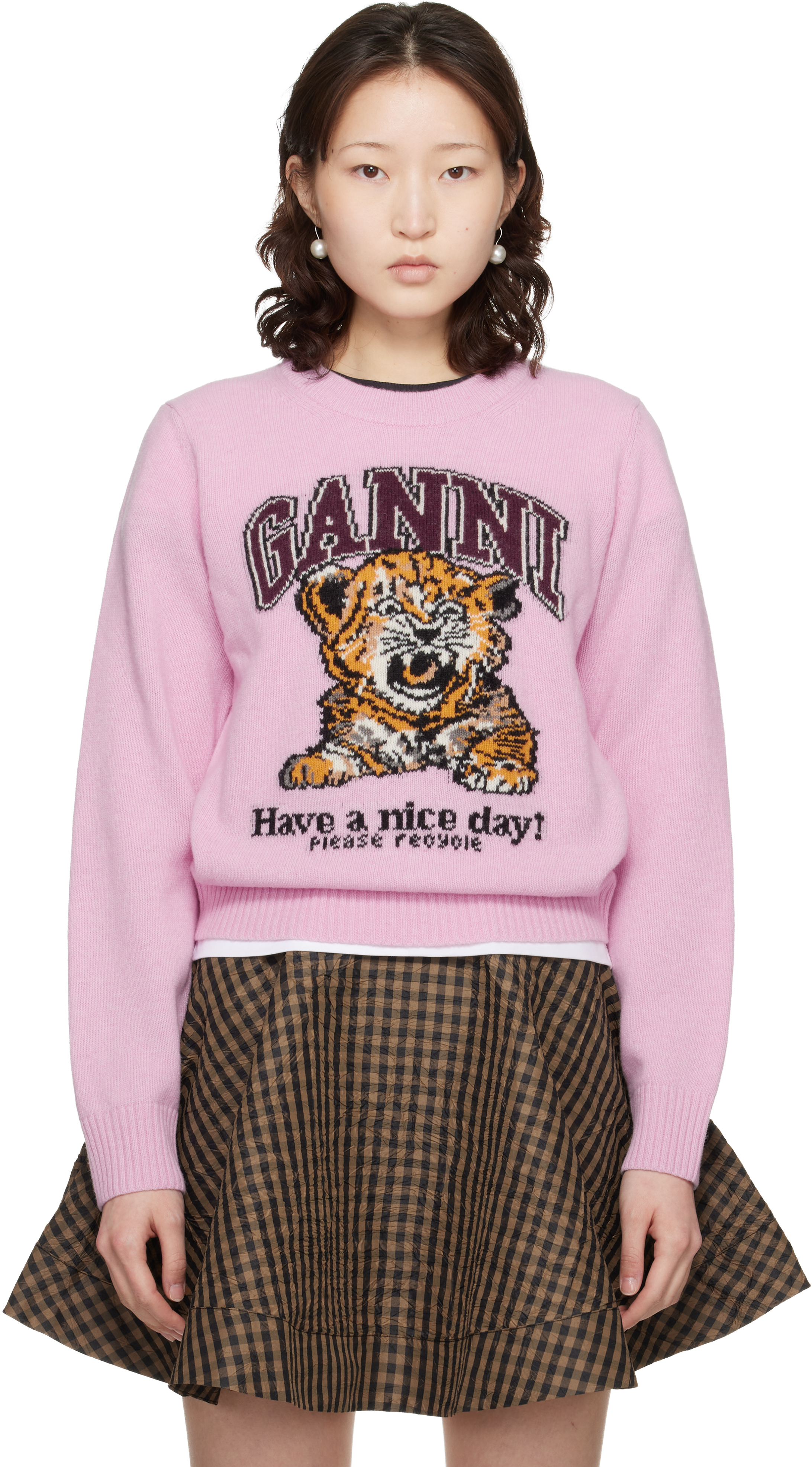 GANNI Pink Graphic Wool Sweater
