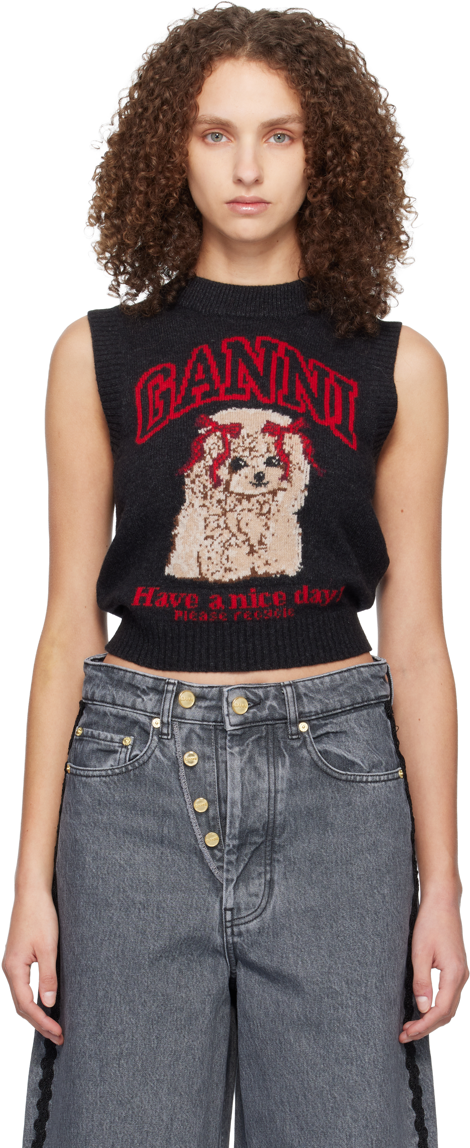 GANNI: Black Graphic Wool Vest | SSENSE