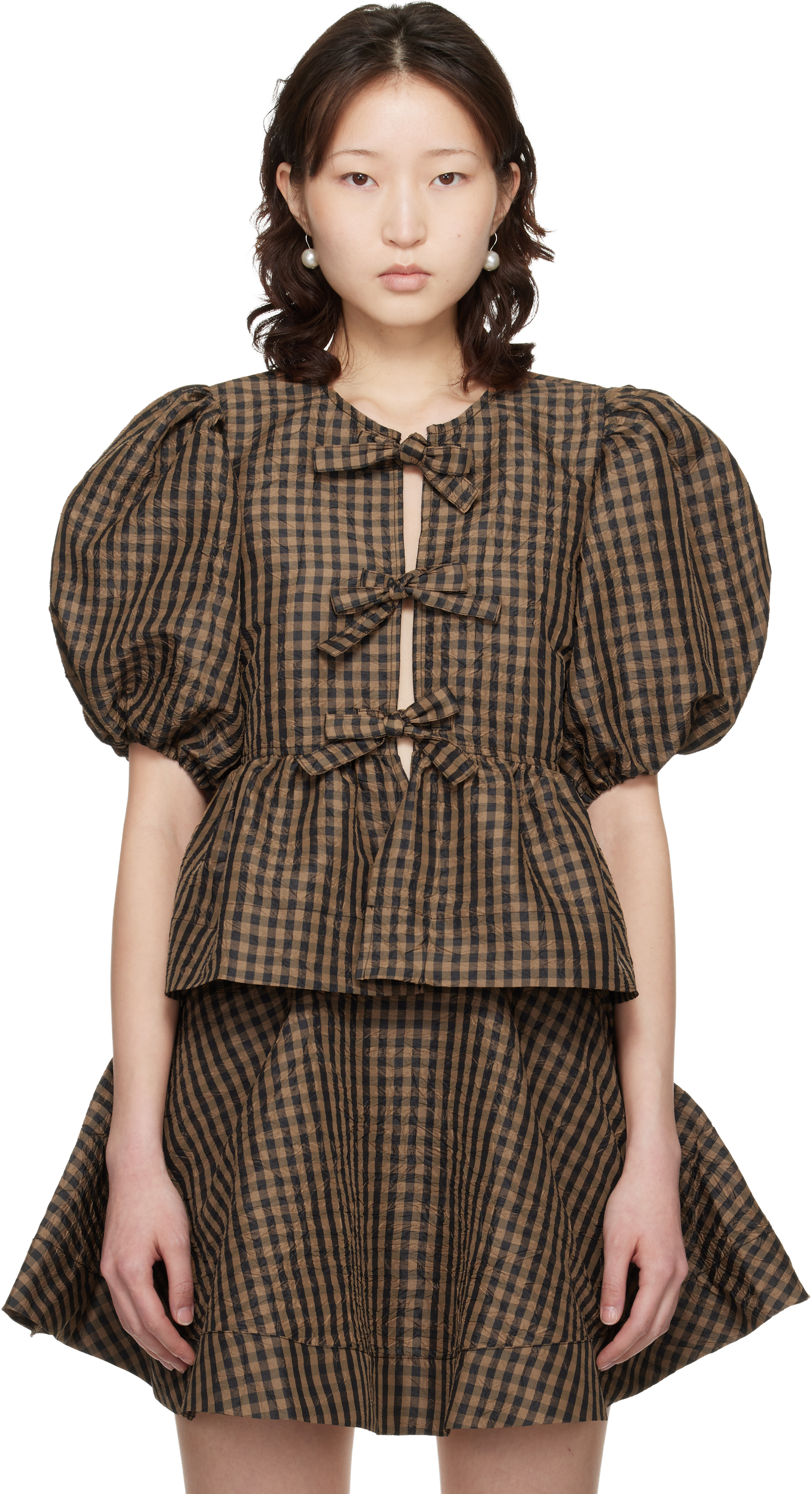 GANNI チェック柄 パフスリーブ トップス Brown Crinkled Check Blouse by GANNI on Sale