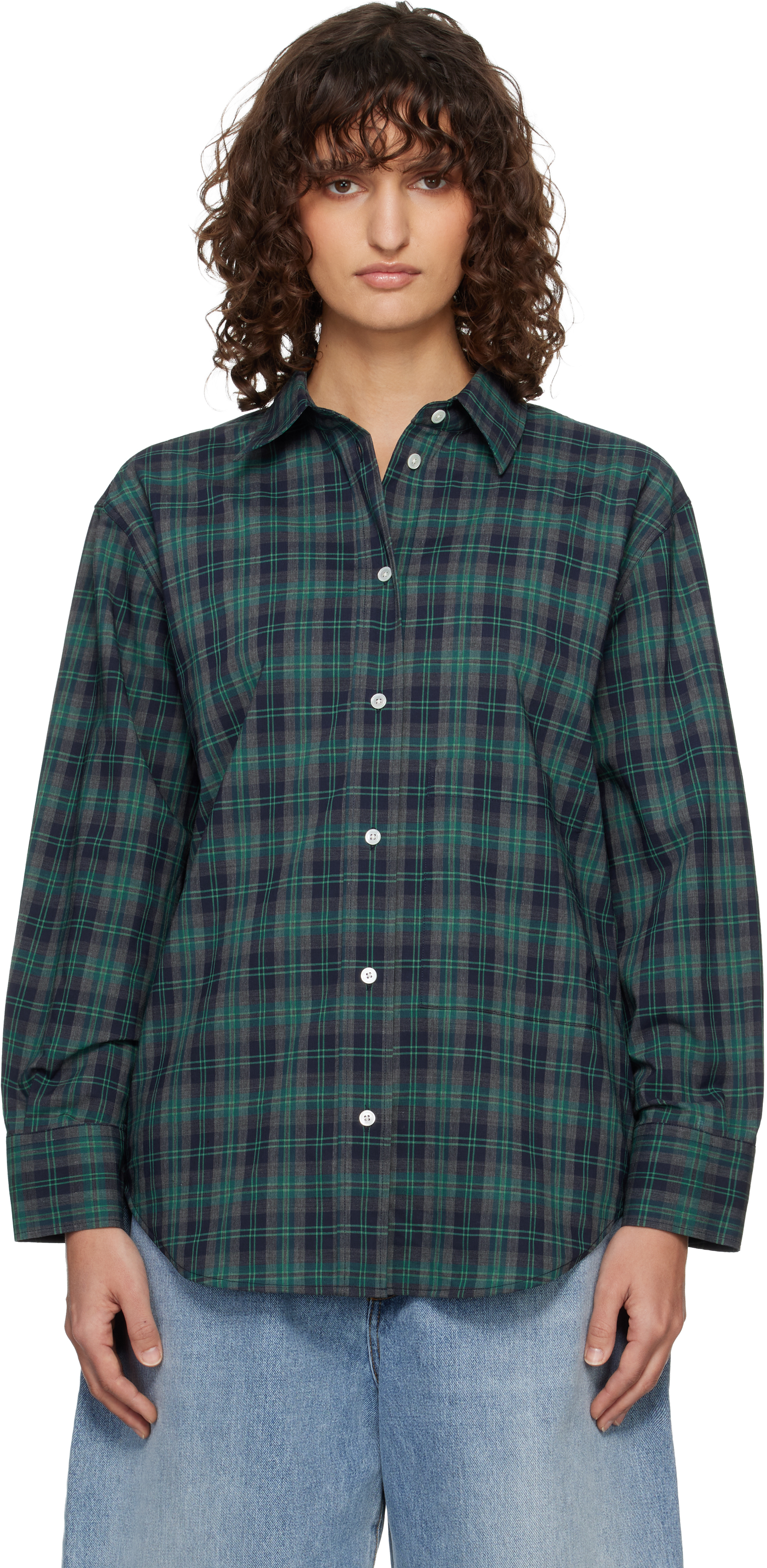 Róhe Green & Navy Oversized Check Shirt