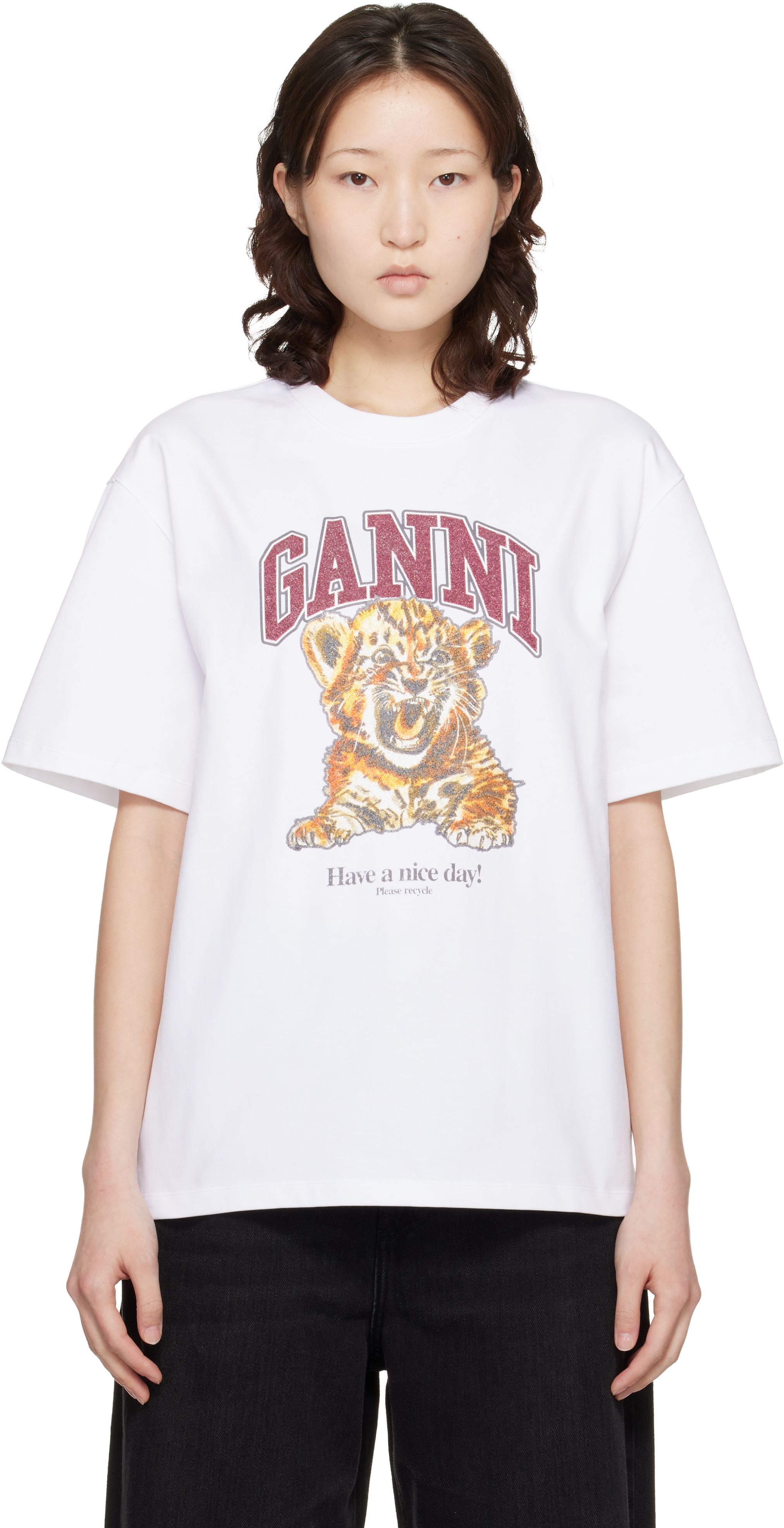 GANNI Tiger ホワイト 半袖 Tシャツ White Beaded Tiger T-shirt | GANNI US