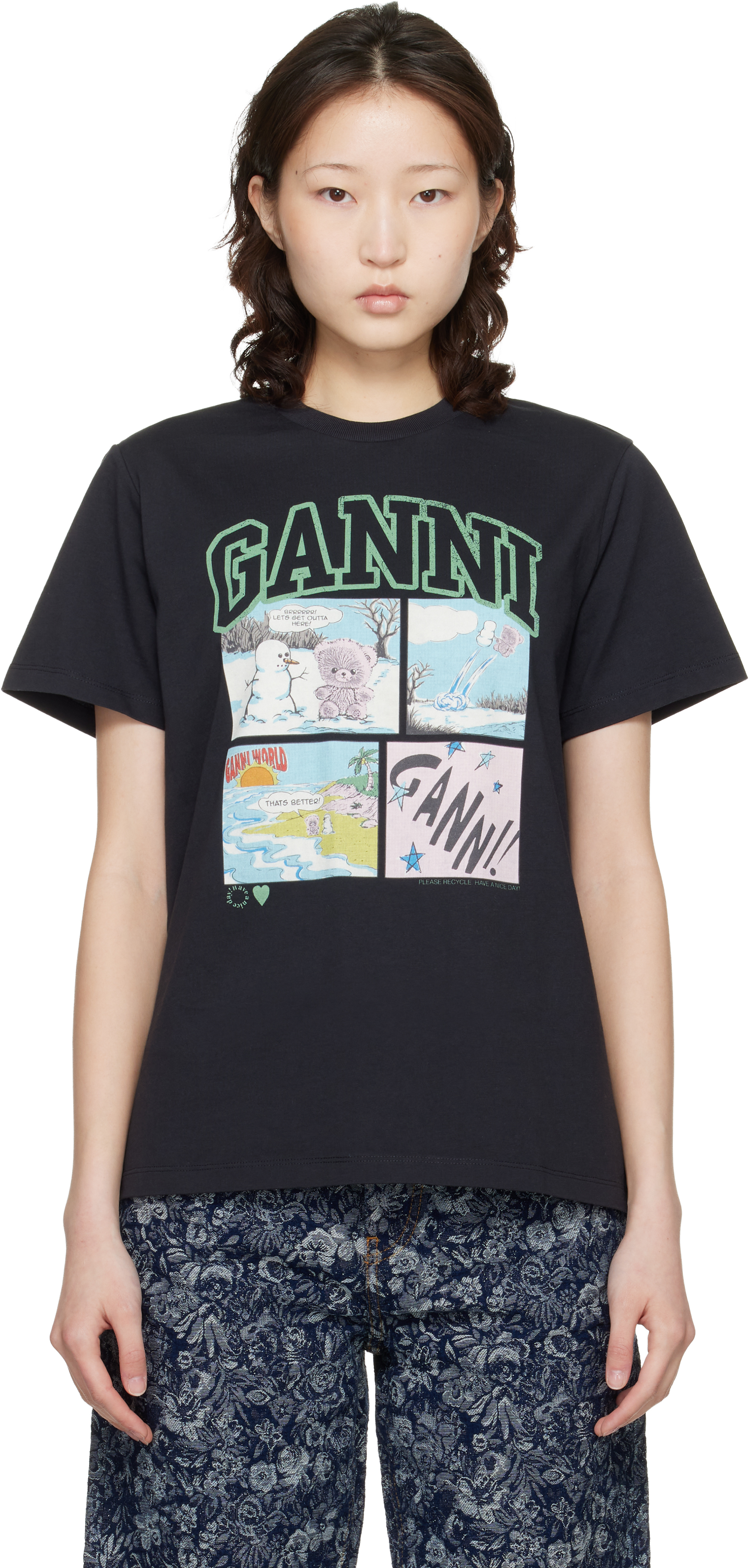Black Basic Cotton Jersey Bear Comic Teddy T-shirt by GANNI on Sale