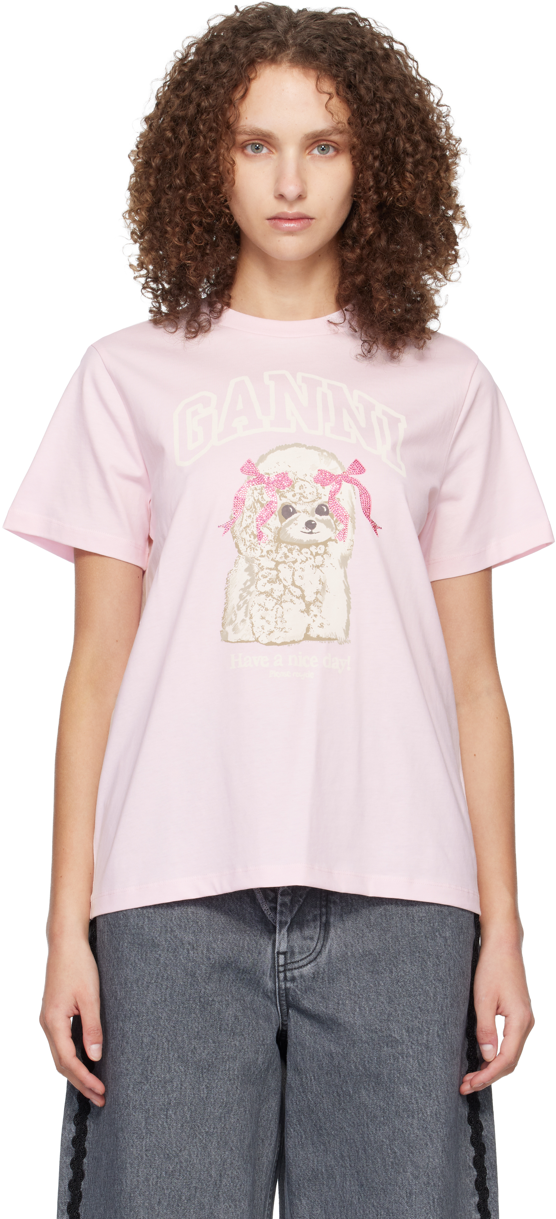 GANNI ピンク Tシャツ 犬のイラスト GANNI: ピンク Poodle Tシャツ | SSENSE 日本