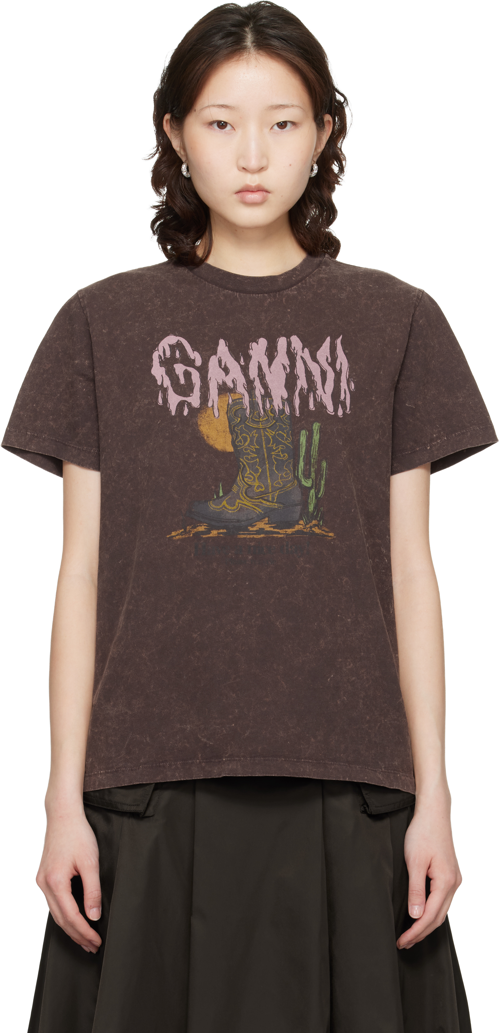 Ganni ヴィンテージ調 プリントTシャツ S GANNI: Brown Vintage Wash T-shirt | SSENSE
