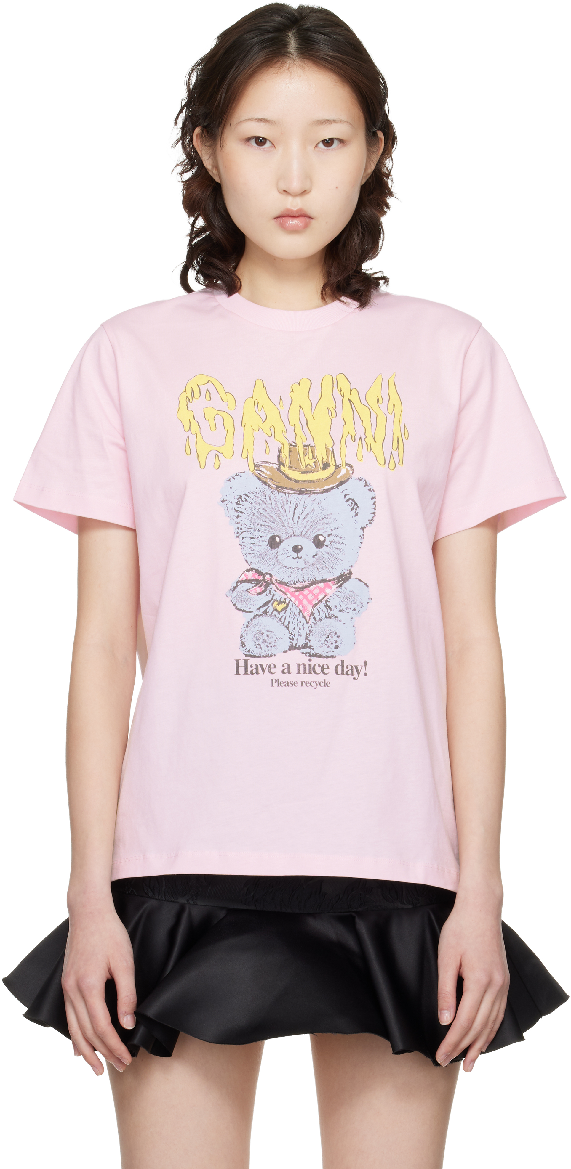 GANNI: Pink Basic Cotton Jersey Cowboy Bear Print T-shirt | SSENSE