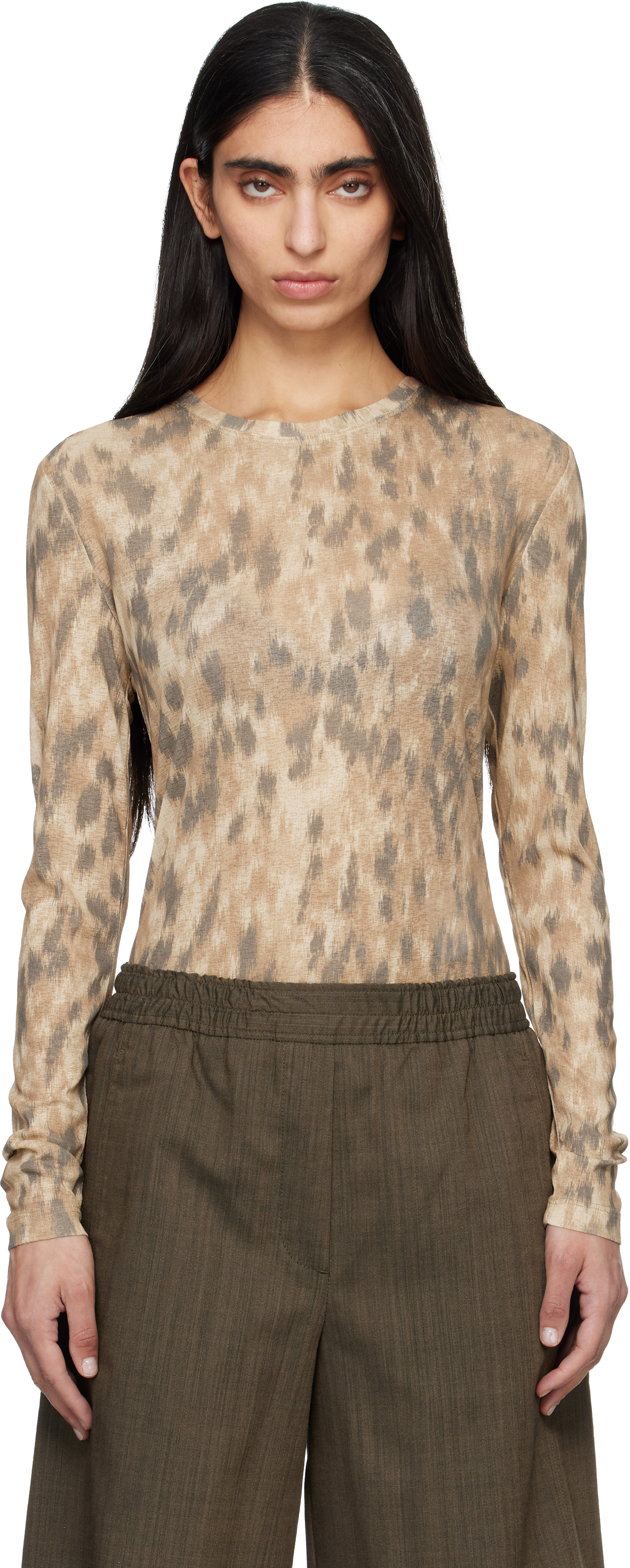 Beige Printed Marl Mesh Long-Sleeve T-shirt