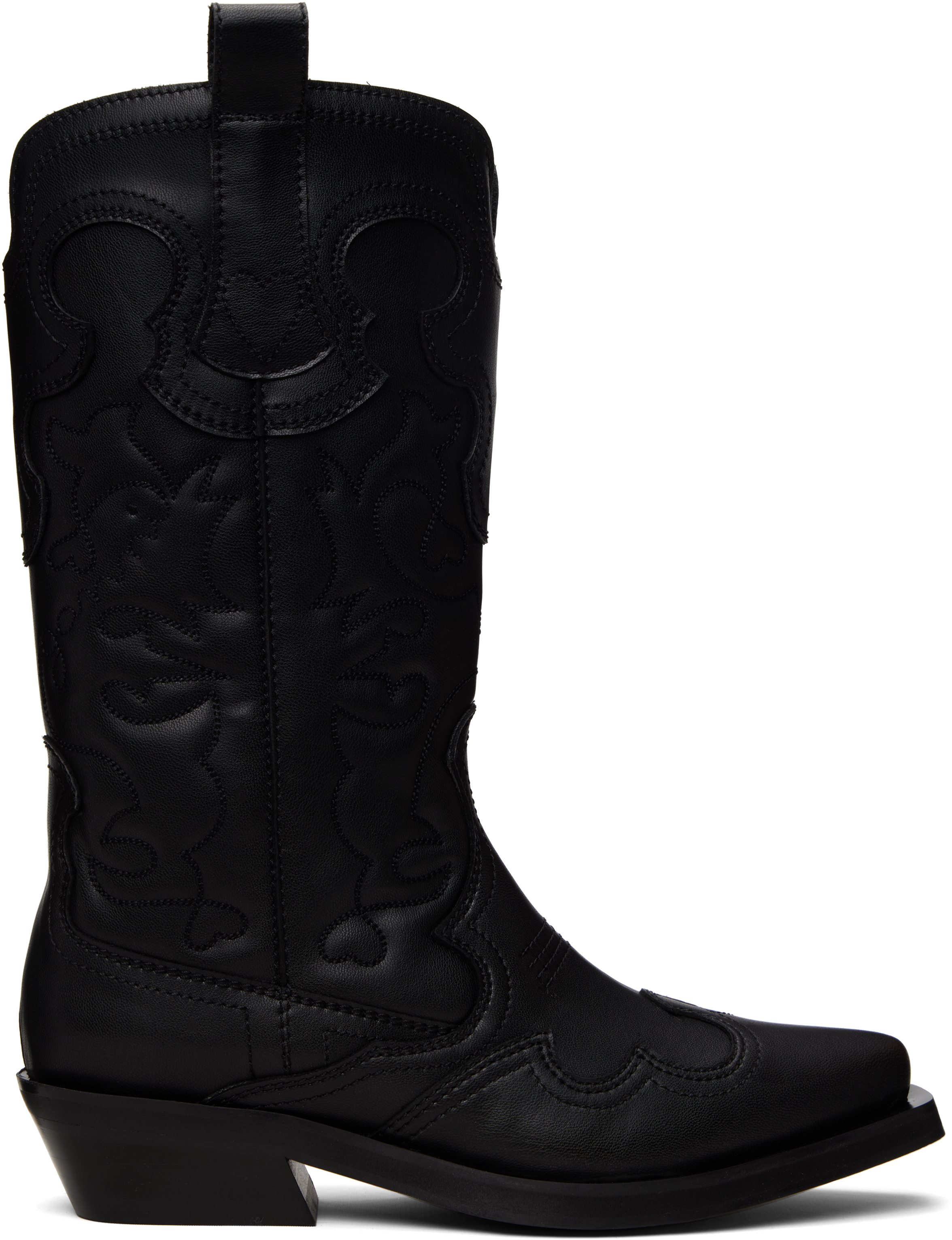 Black Mid Shaft Embroidered Western Boots by GANNI on Sale