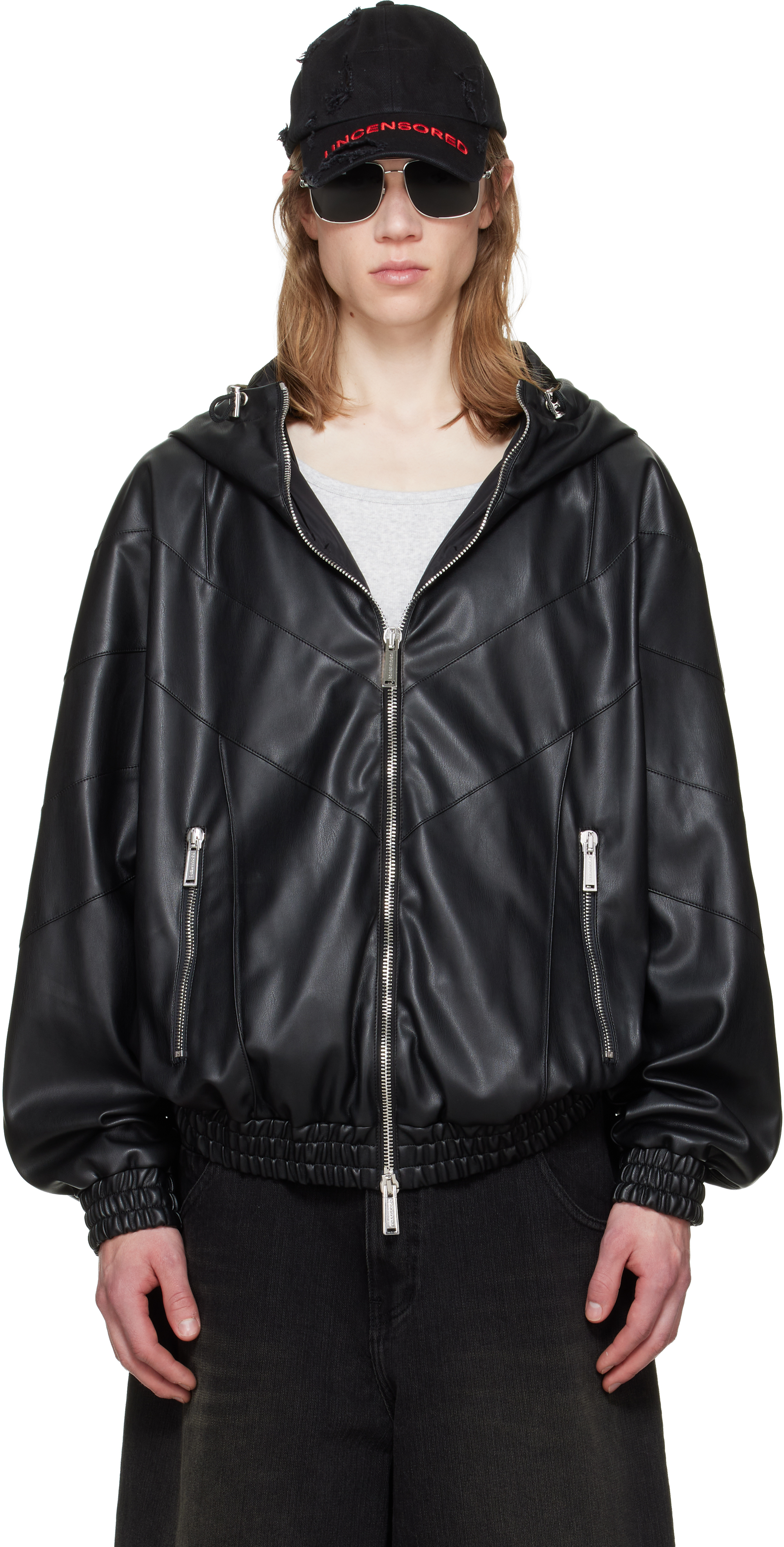 Dsquared2: ブラック ジップフーディ フェイクレザー ジャケット