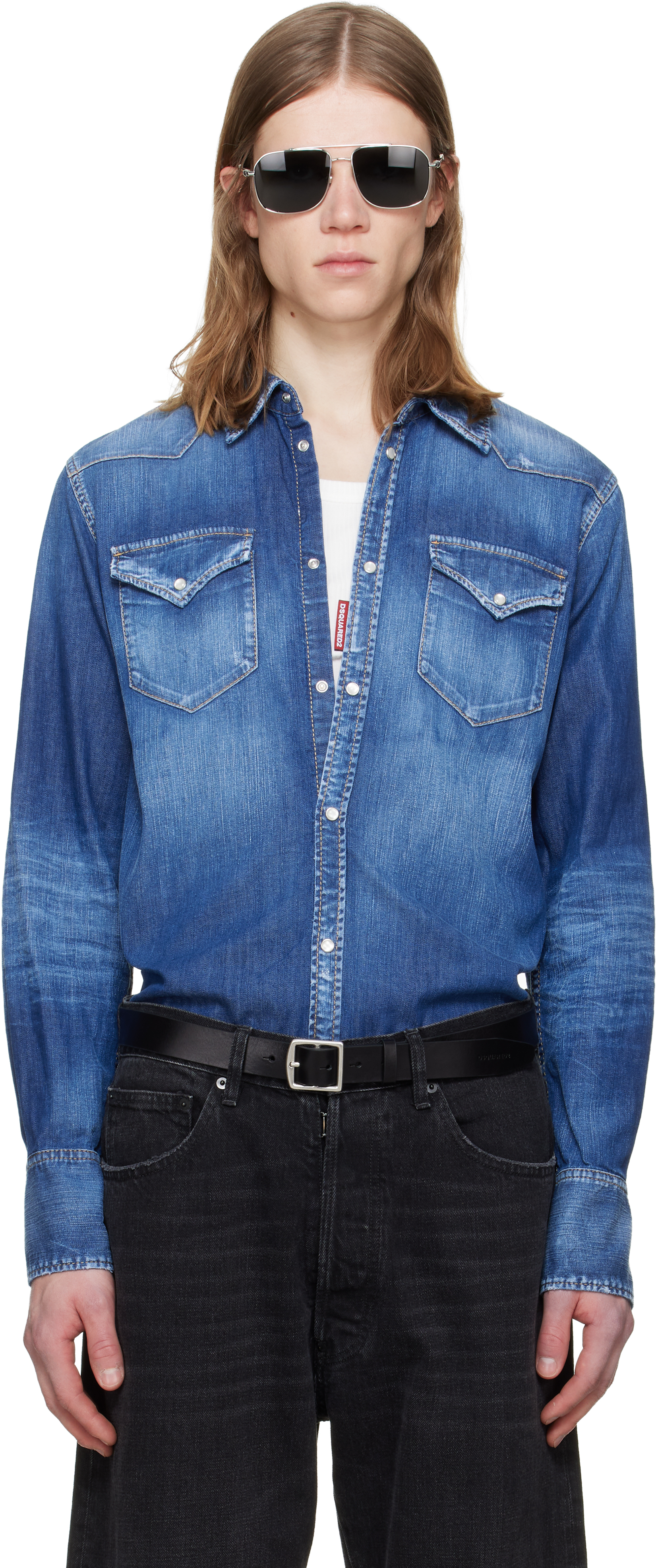 Blue Perfecto Wash Classic Western Denim Shirt by Dsquared2 on Sale