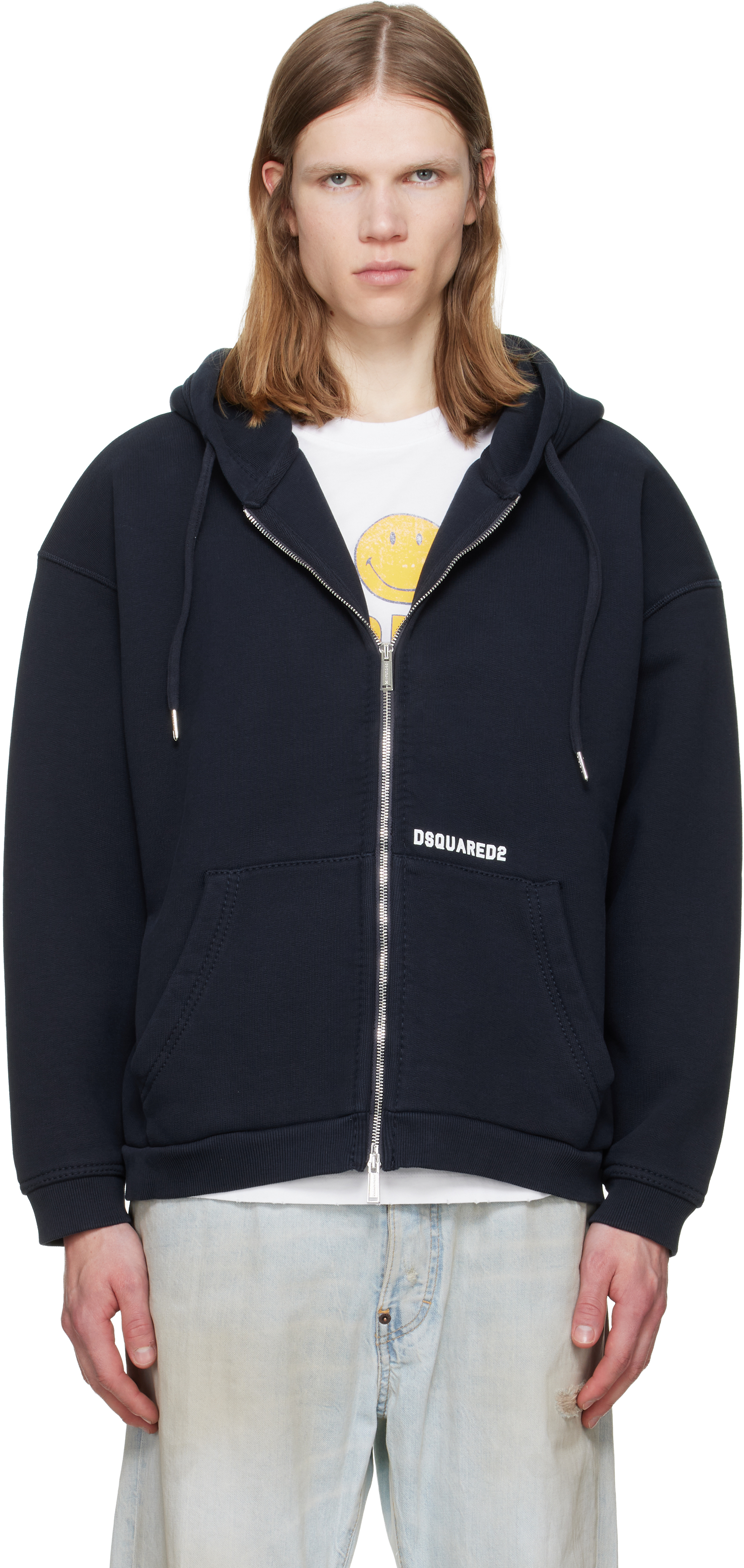 Dsquared2 Navy Dsquared2 Logo Boyfriend Fit Zipped Hoodie
