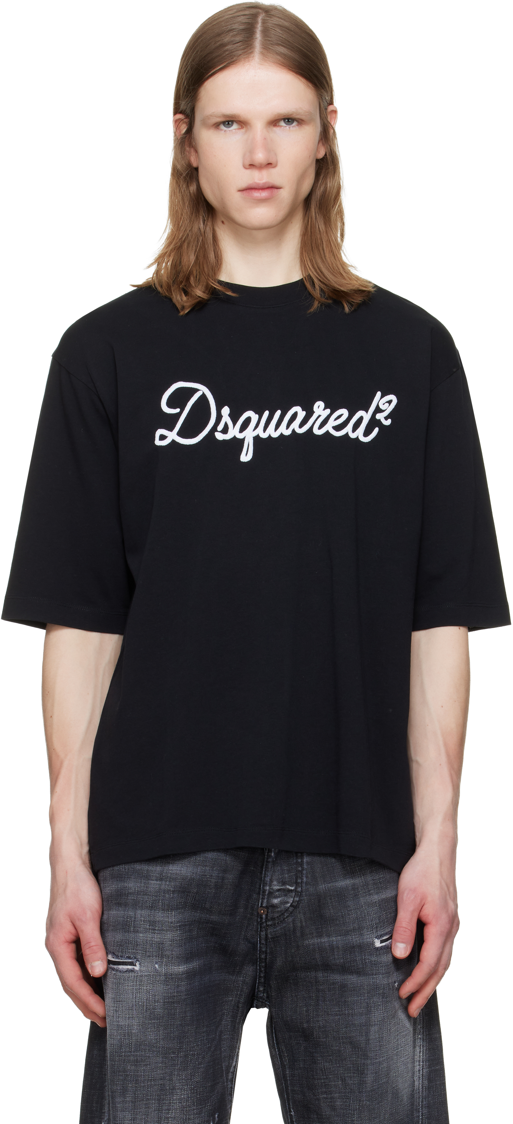 Dsquared2のブラック 'Dsquared2' エンブロイダリー ルーズフィット T
