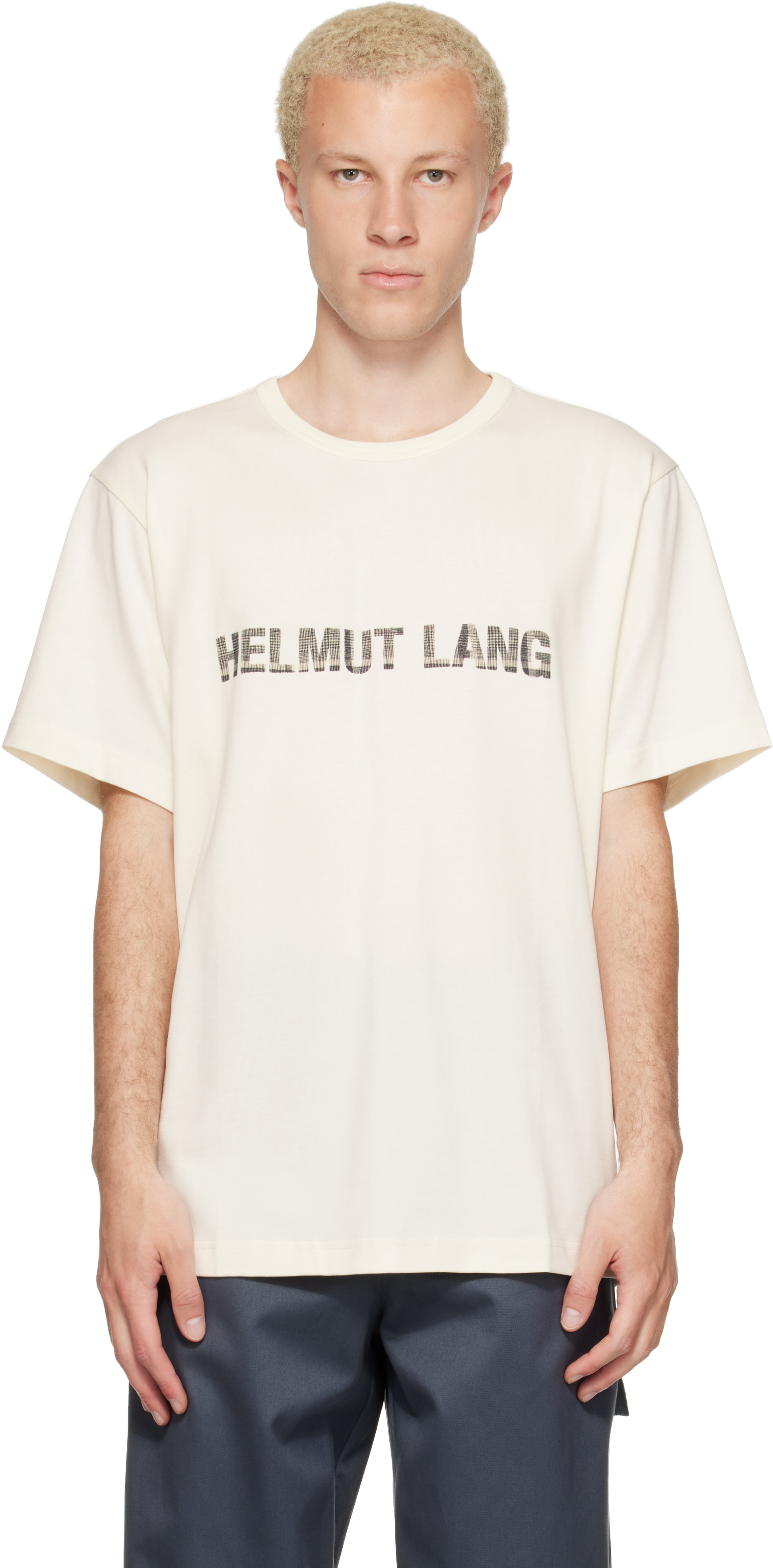Helmut Lang: オフホワイト Plaid ロゴ Tシャツ | SSENSE 日本