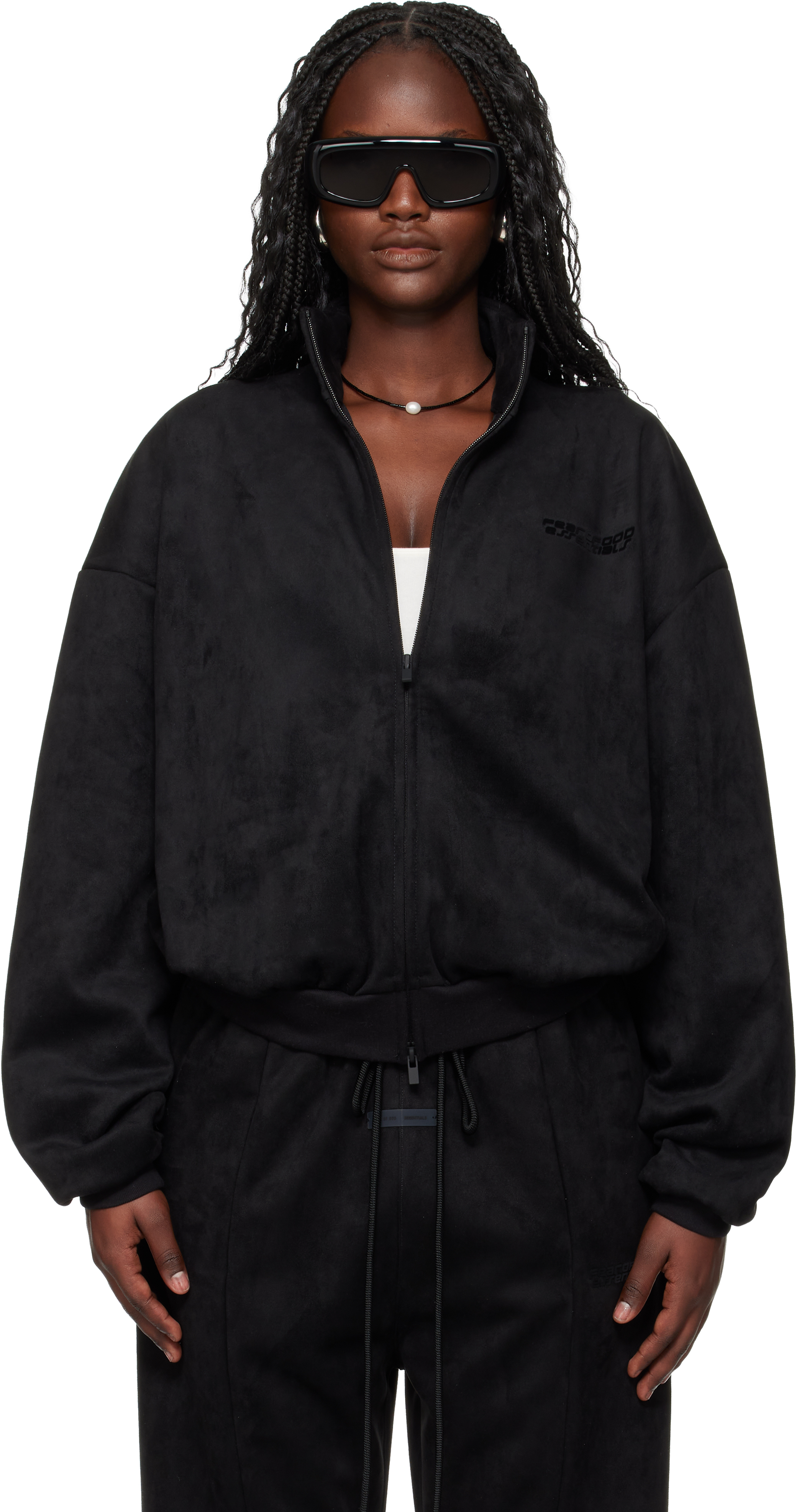Essentials Black Holiday Faux-suede Fleece Vintage Track Jacket In Black