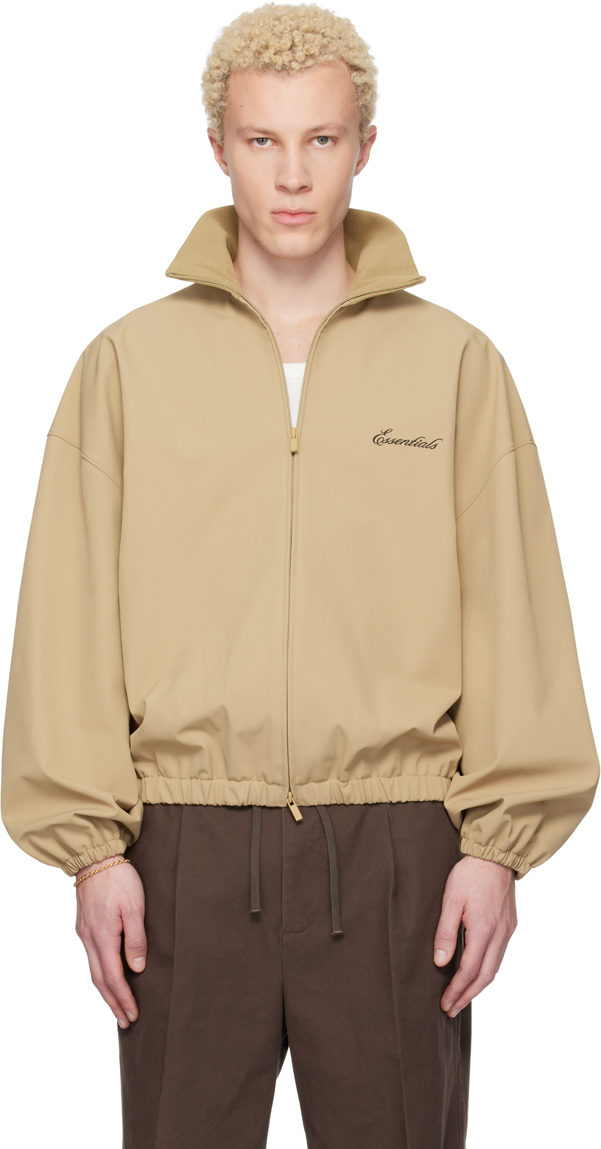 Fear of God ESSENTIALS: Beige Signature Full Zip Track Jacket | SSENSE