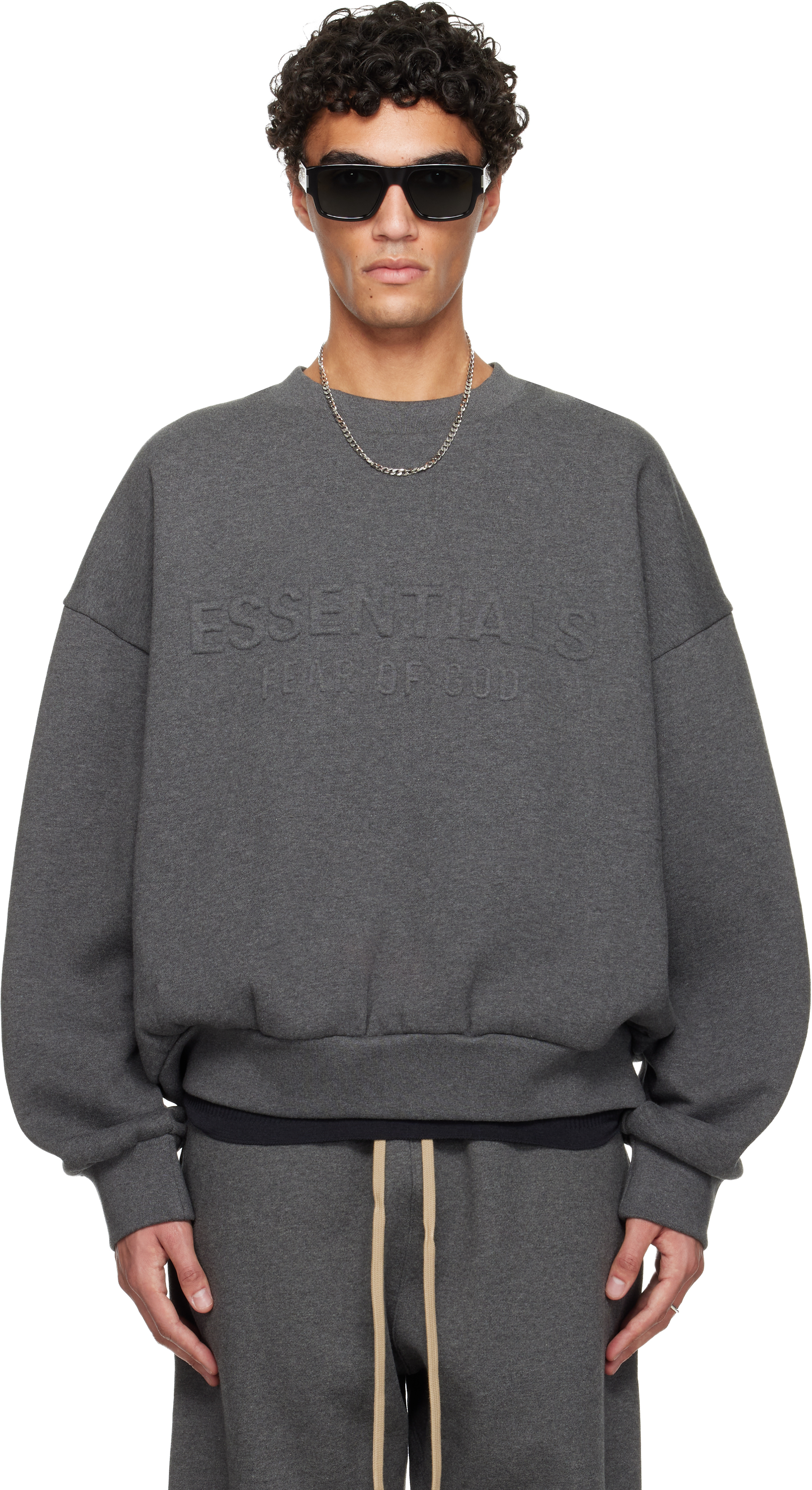 Essentials Gray Holiday Embossed Classic Crewneck Sweatshirt