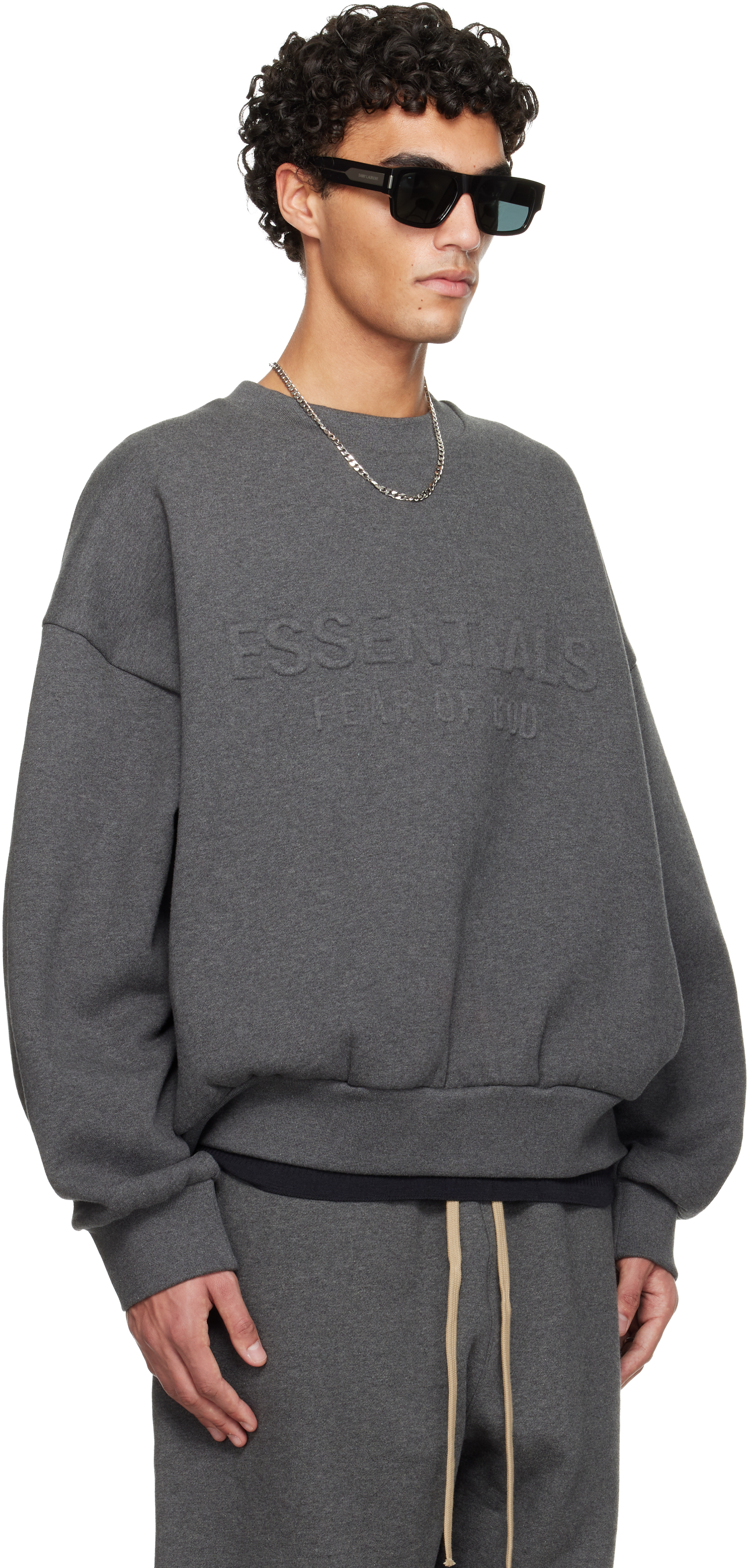 Essentials Gray Holiday Embossed Classic Crewneck Sweatshirt In Gray