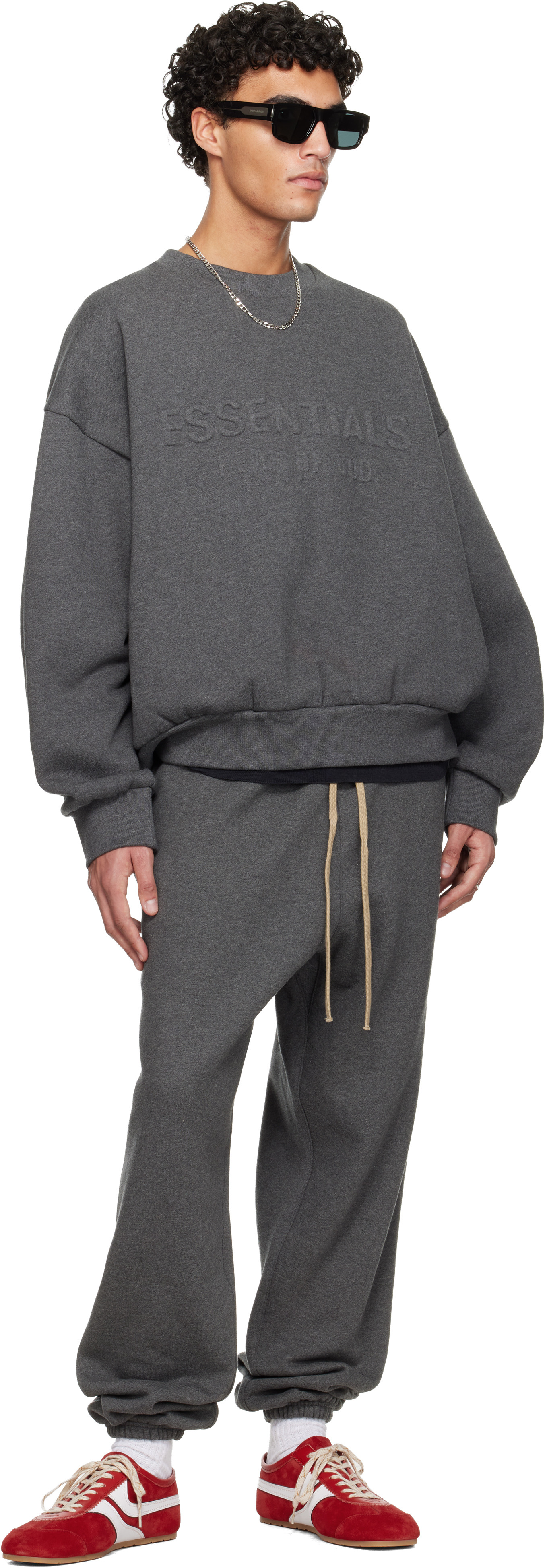 Essentials Gray Holiday Embossed Classic Crewneck Sweatshirt In Gray