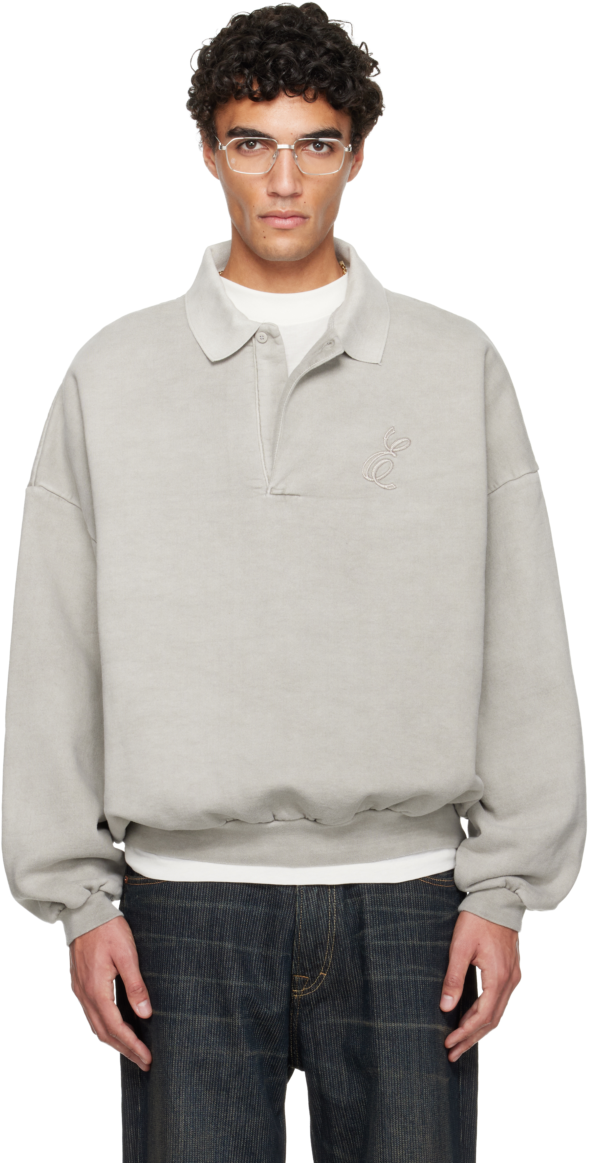 Essentials Gray Holiday Embroidered Classic Polo In Gray