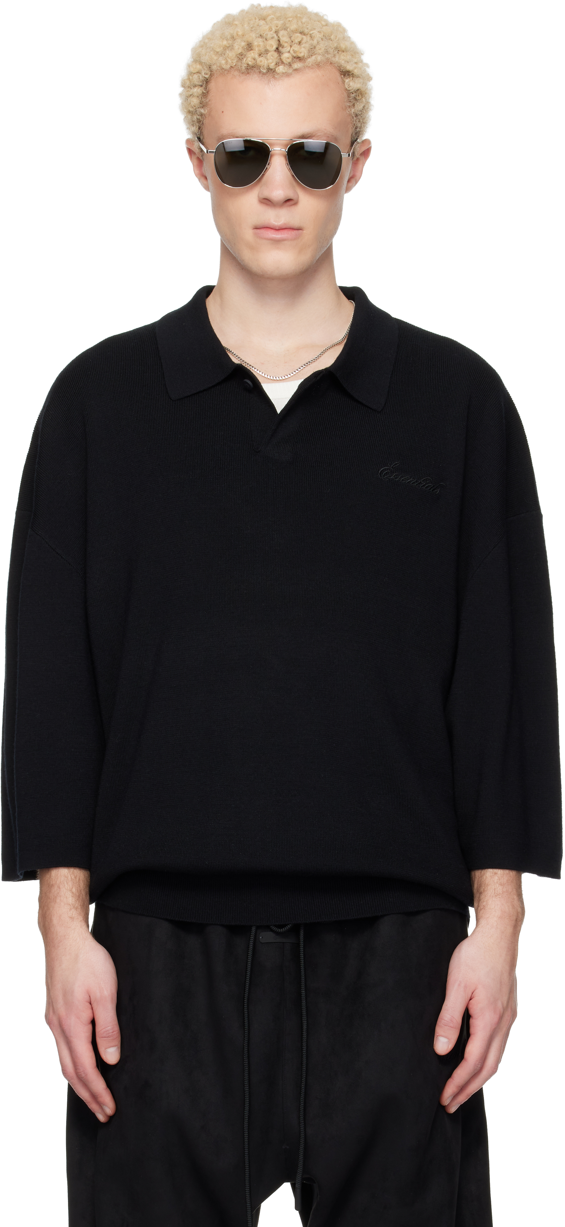 Fear of God ESSENTIALS: Black Signature 3/4 Sleeve 90s Knit Polo
