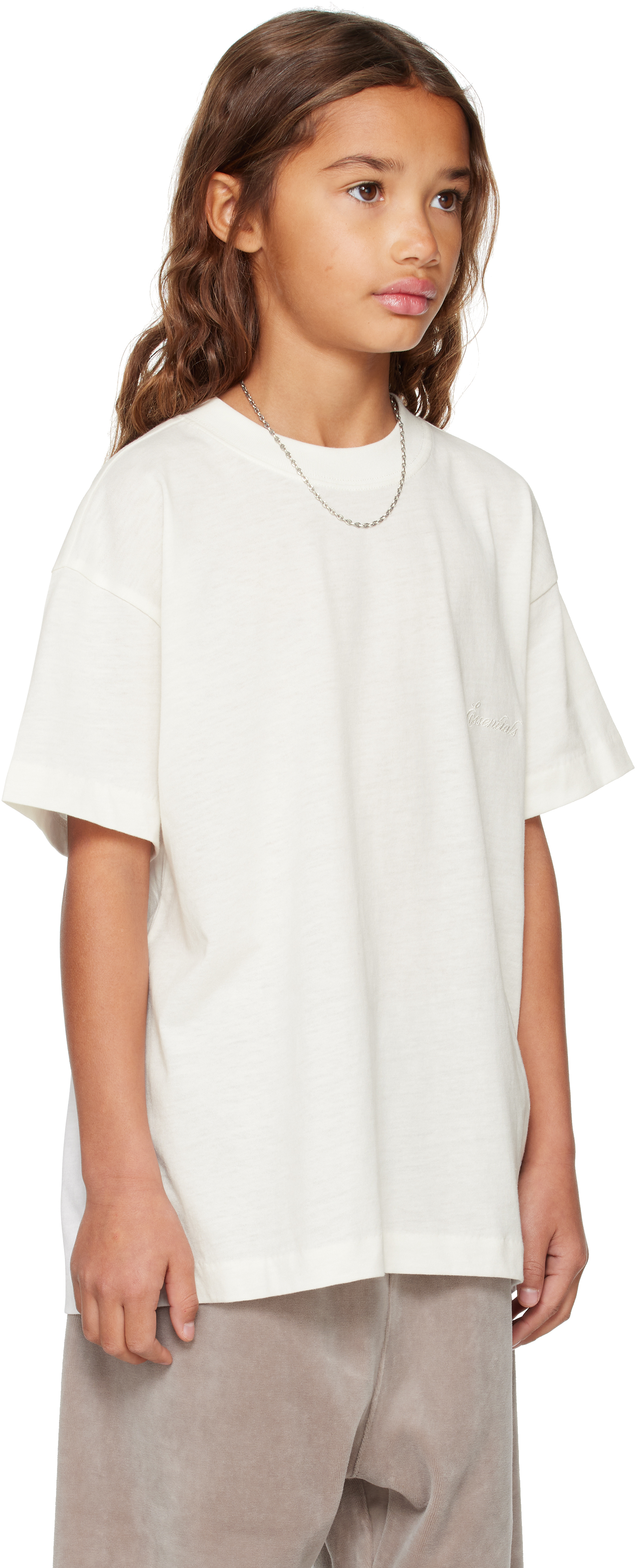 Essentials Kids White Holiday Embroidered Essential T-shirt In White