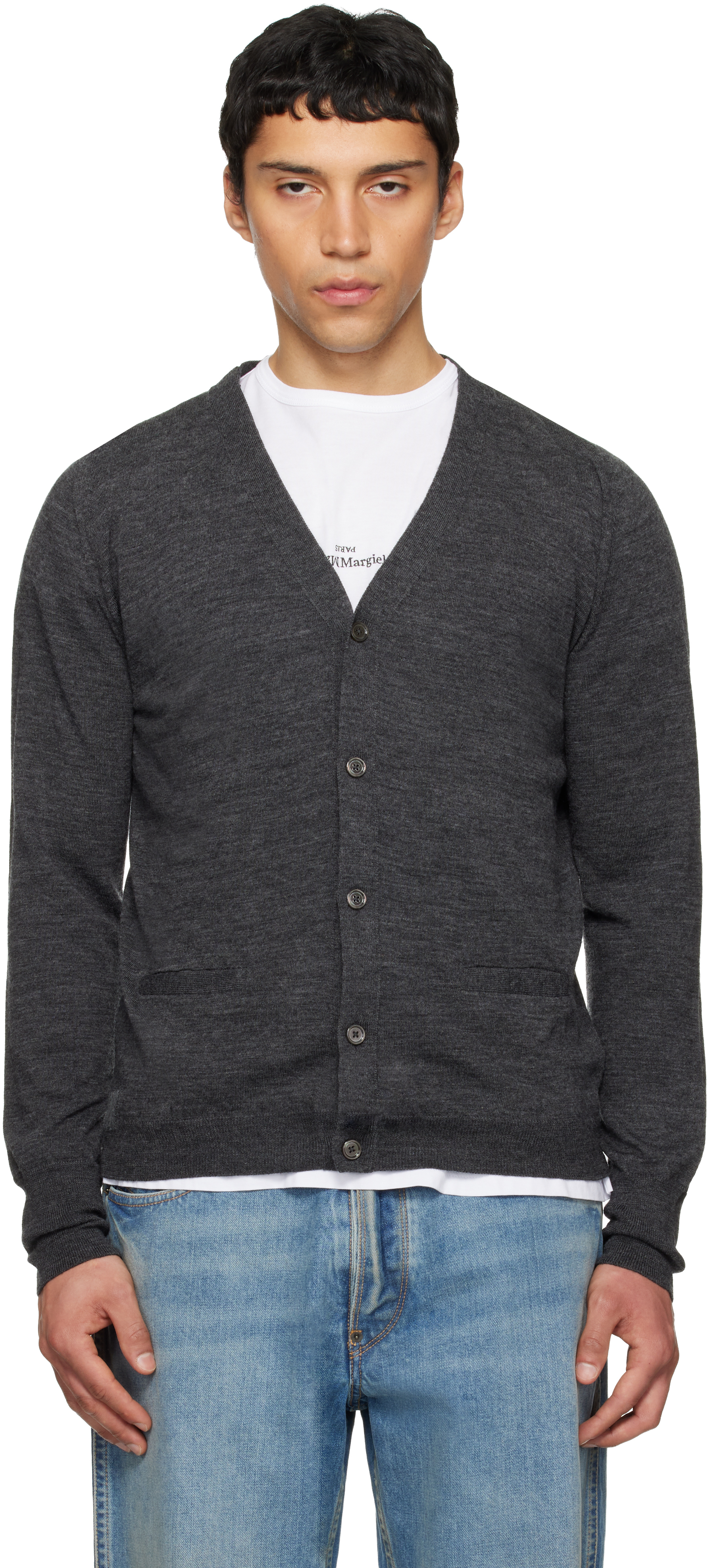 Maison Margiela: Gray Wool-Blend V-Neck Cardigan | SSENSE
