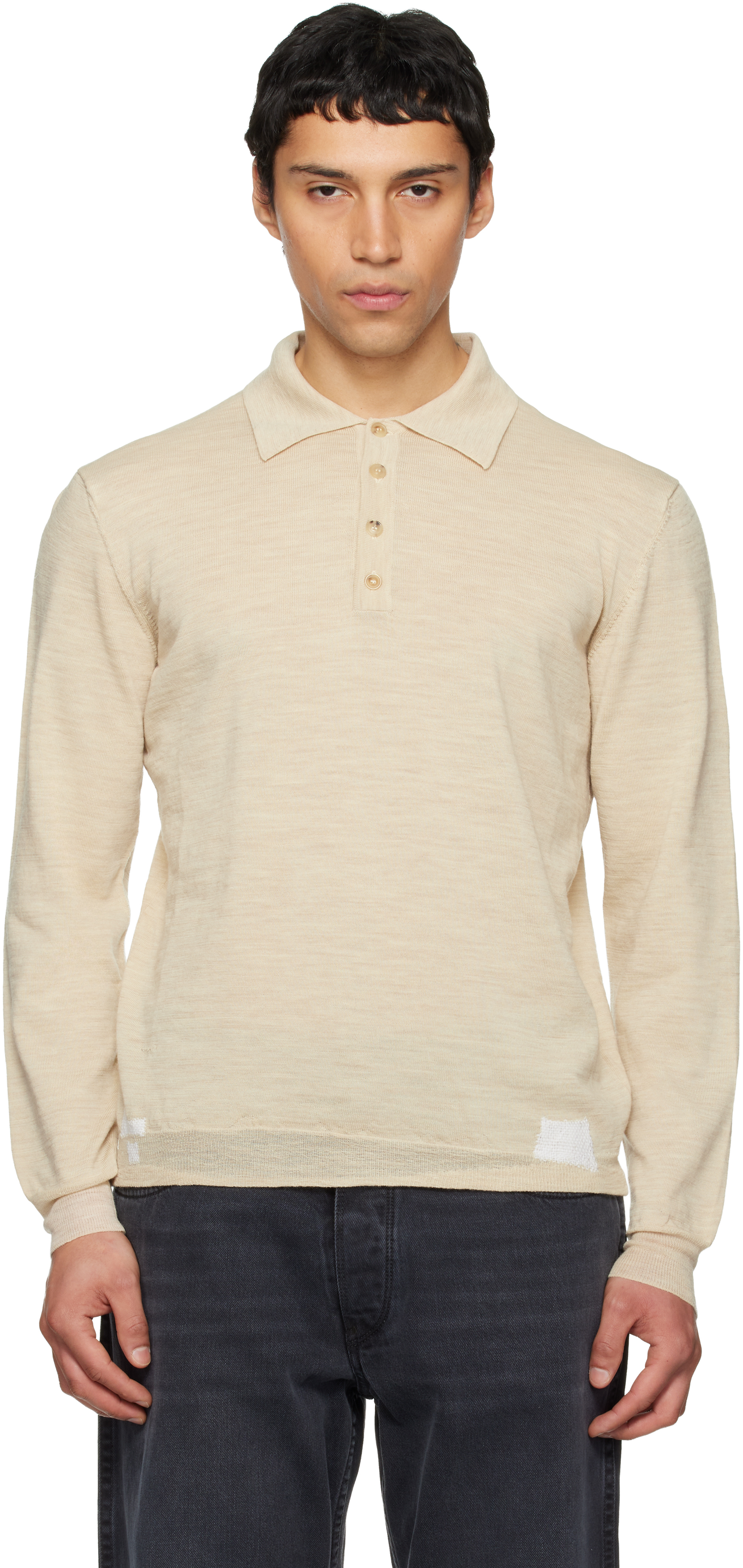 Maison Margiela: オフホワイト パッチワーク ニットポロシャツ