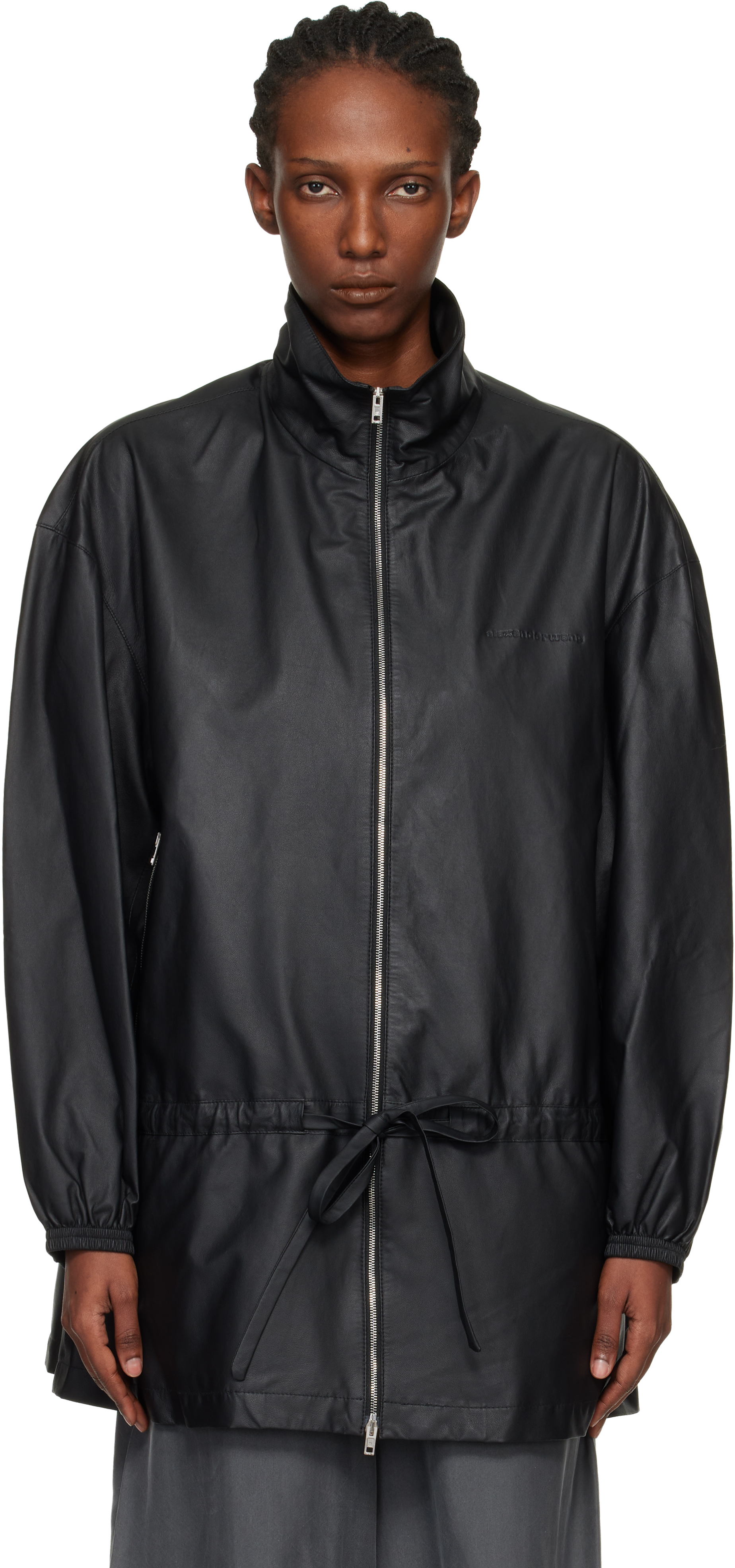 Alexander Wang: Black Drop Waist Bonded Leather Jacket | SSENSE
