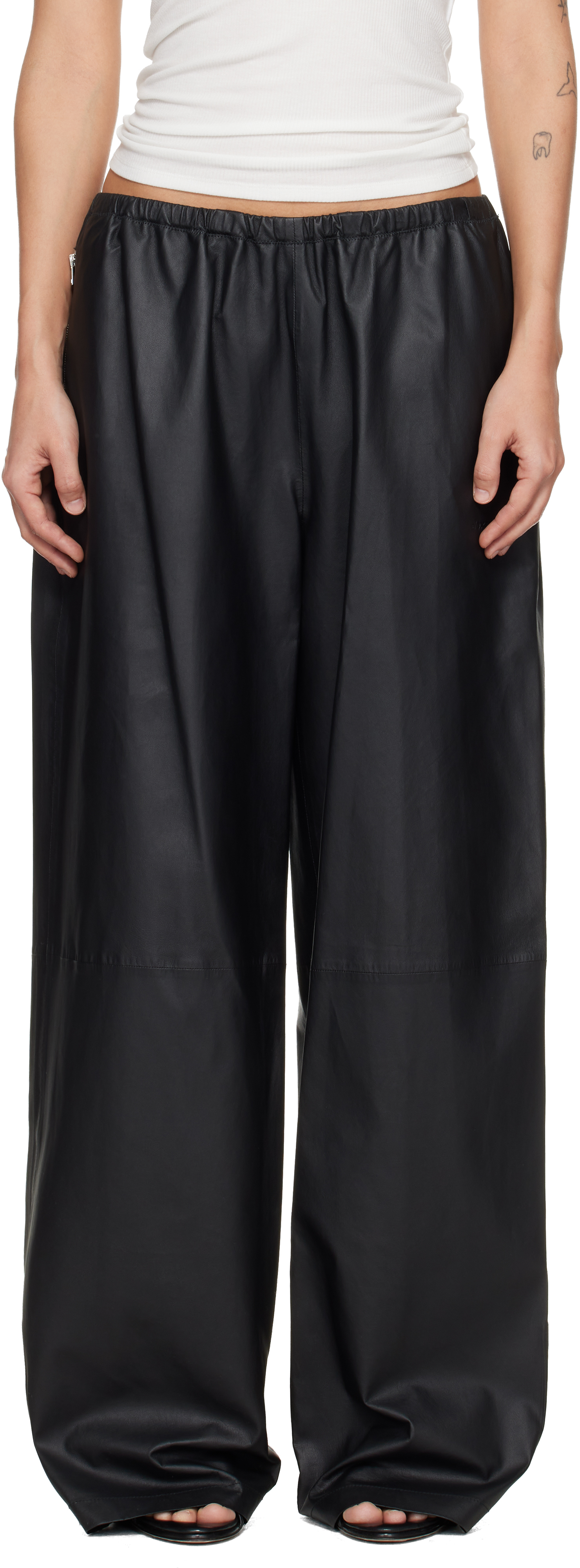 Alexander Wang Black Paper Leather Mid-Rise Track Pants