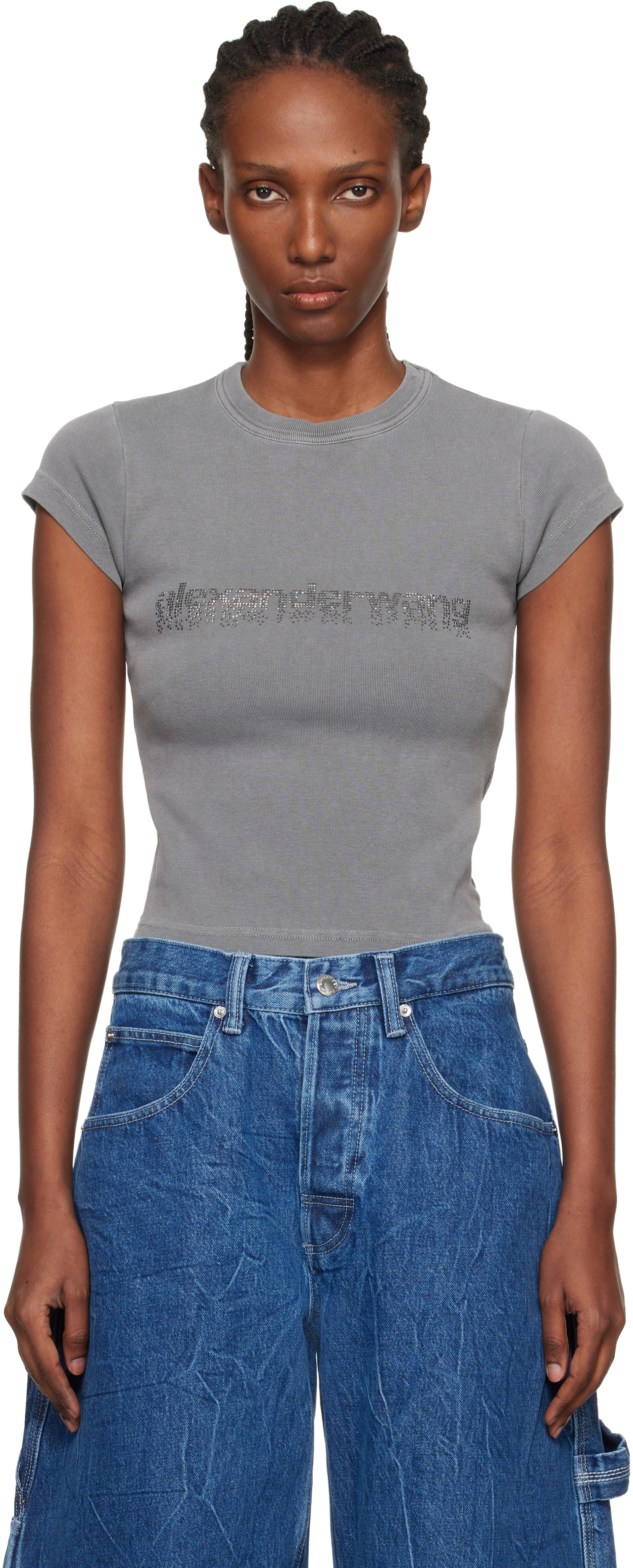 alexanderwang グレー Tシャツ 半袖　xs Alexander Wang: グレー ラインストーン ロゴ コットン ベビーTシャツ