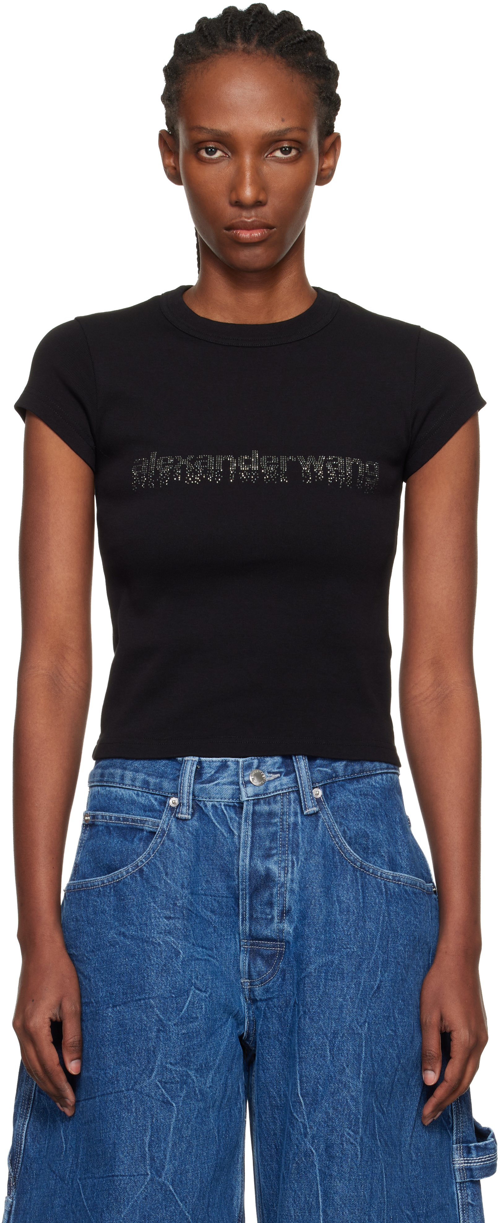 Black Crystal Logo Cotton Baby T-shirt by Alexander Wang on Sale