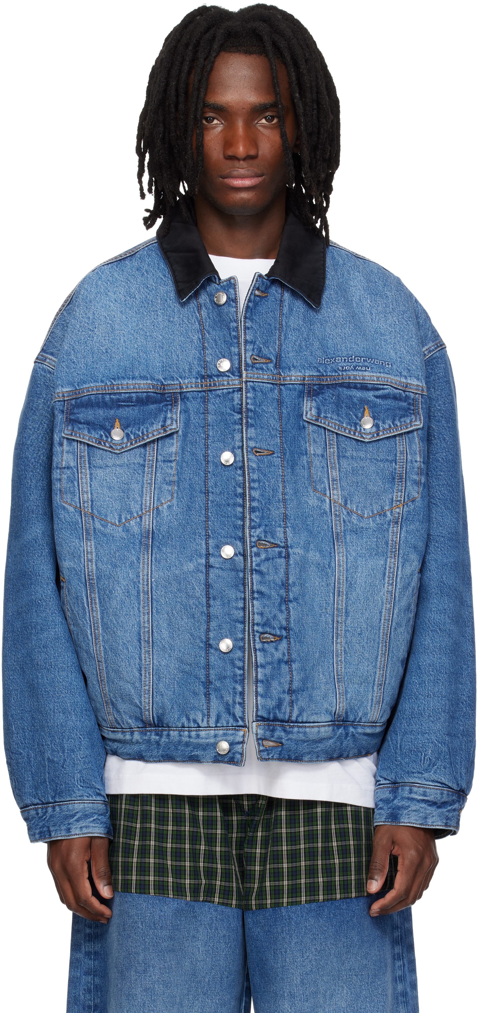 alexanderwang デニムジャケット ライトブルー Alexander Wang: Blue Plaid Combo Reversible Trucker Denim Jacket