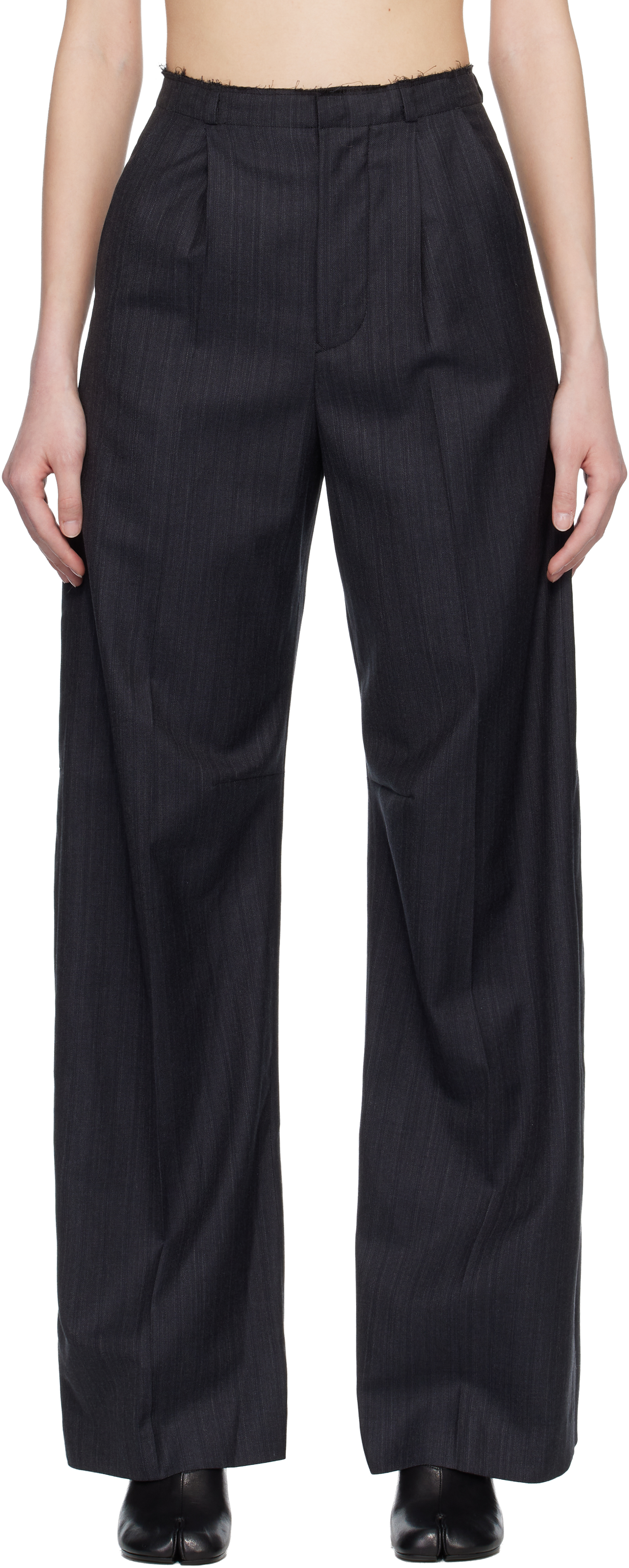 Gray Pinstripe Wool Wide-Leg Trousers