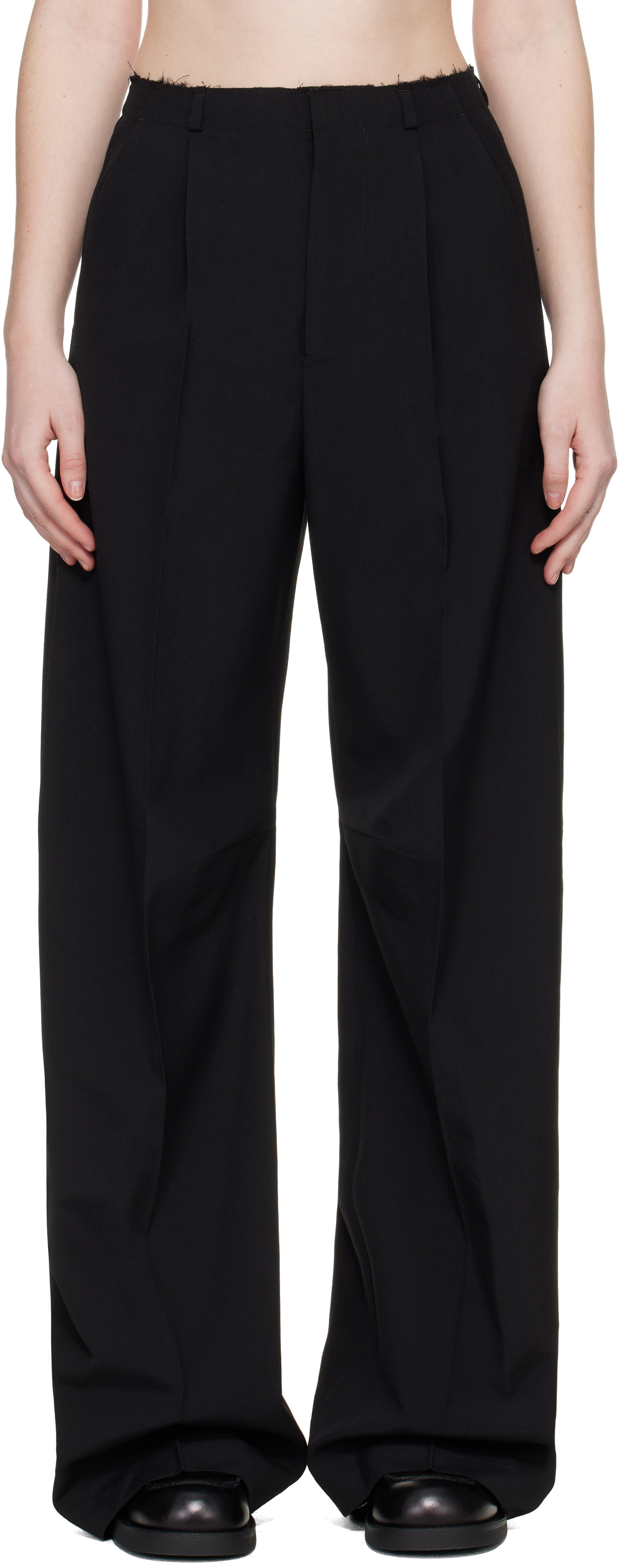 MM6 Maison Margiela: Black Wool Wide Leg Trousers | SSENSE Canada