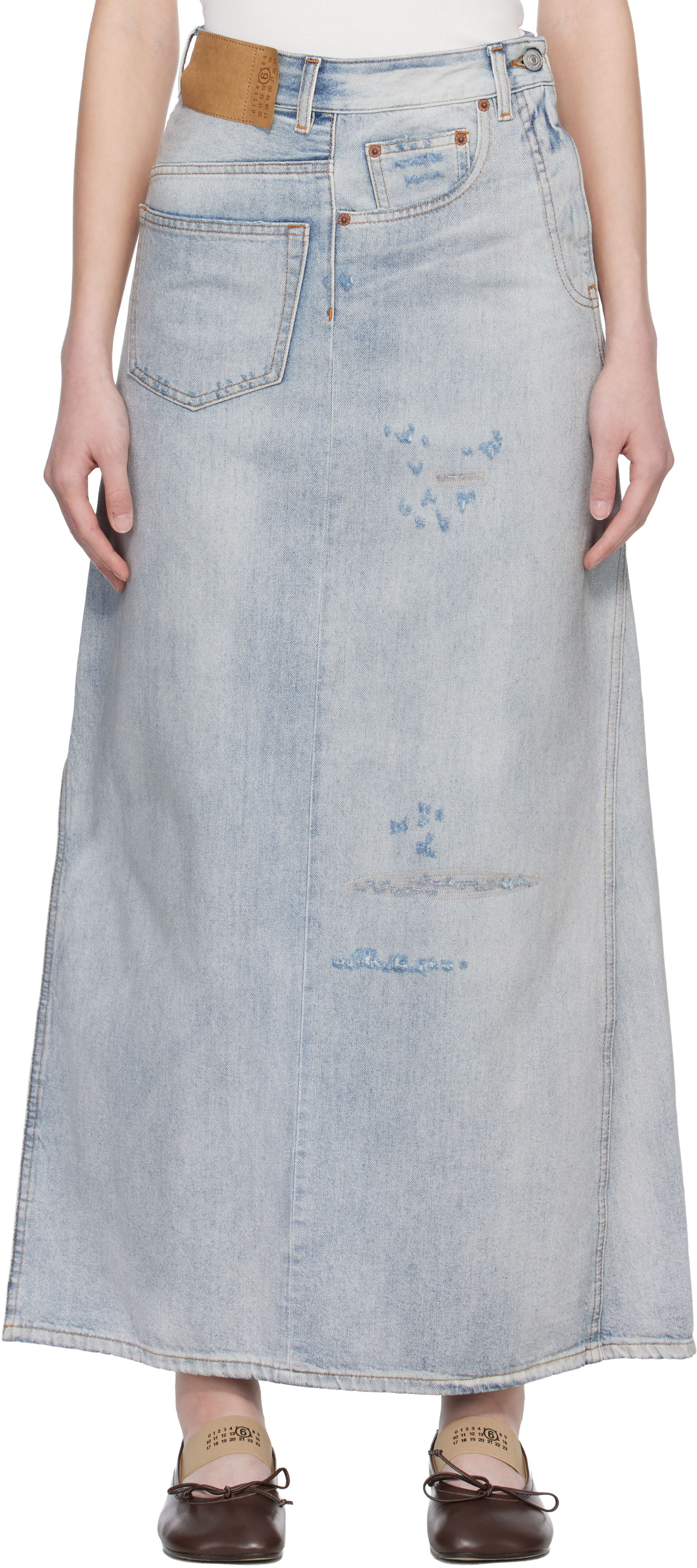 MM6 Maison Margiela: Blue Distressed Denim Maxi Skirt | SSENSE