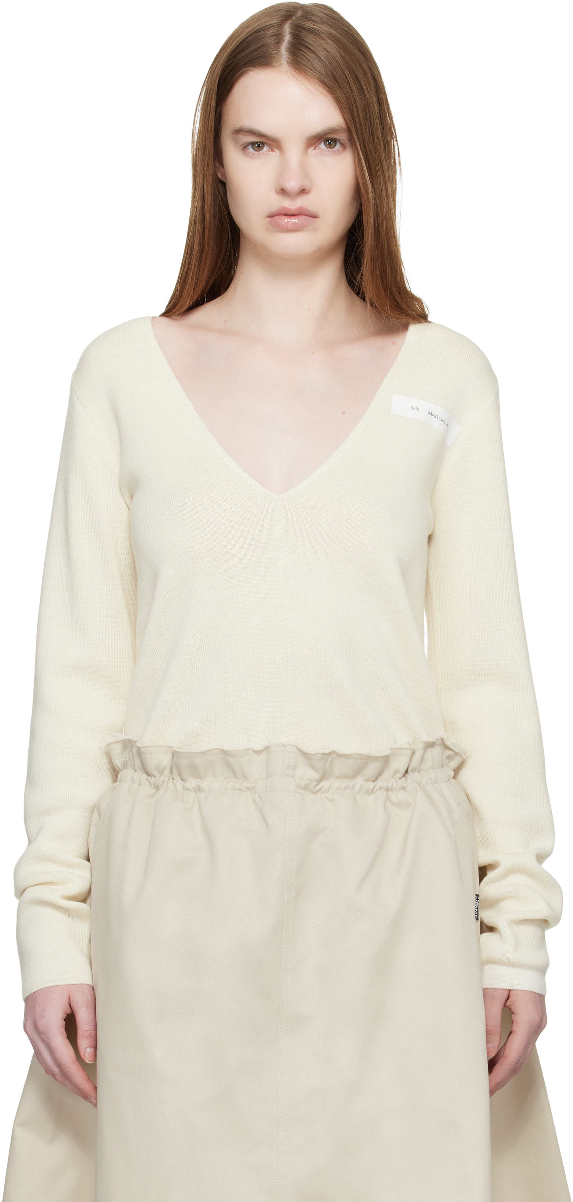 MM6 Maison Margiela: Off-White V-Neck Wool Sweater | SSENSE