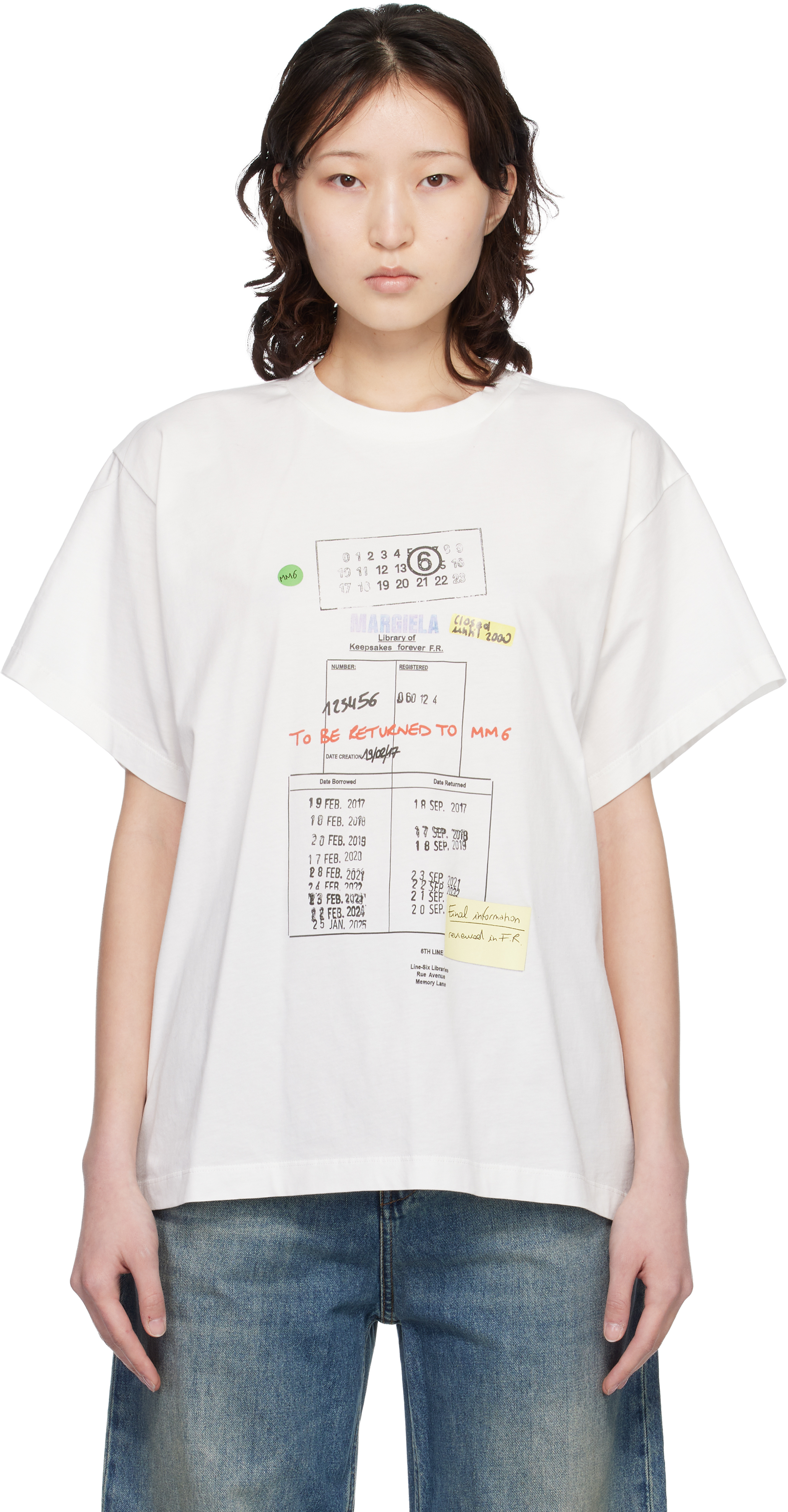 MM6 Maison Margiela: オフホワイト Library Stamp Tシャツ | SSENSE 日本