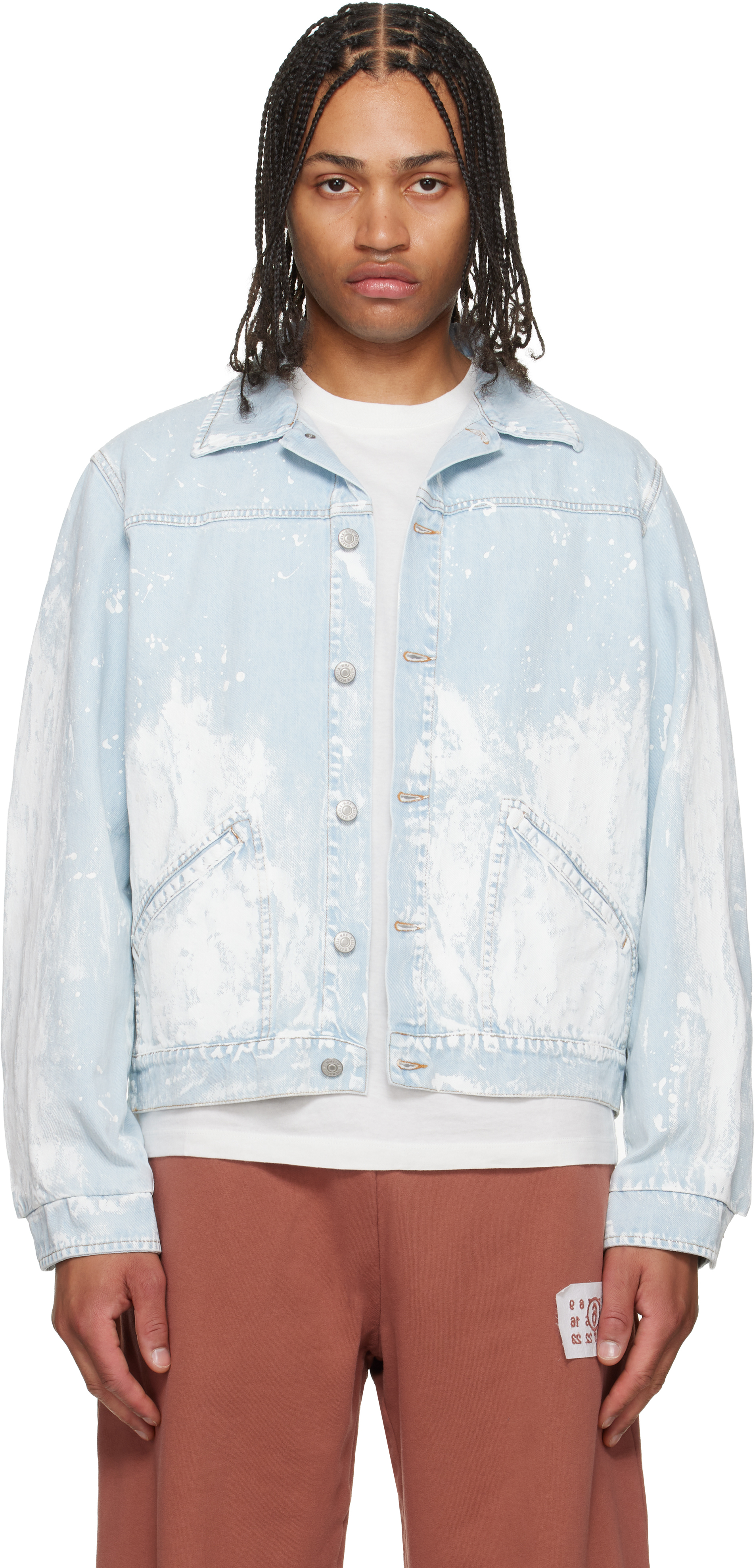 MM6 Maison Margiela: Blue Paint Splatter Denim Jacket | SSENSE