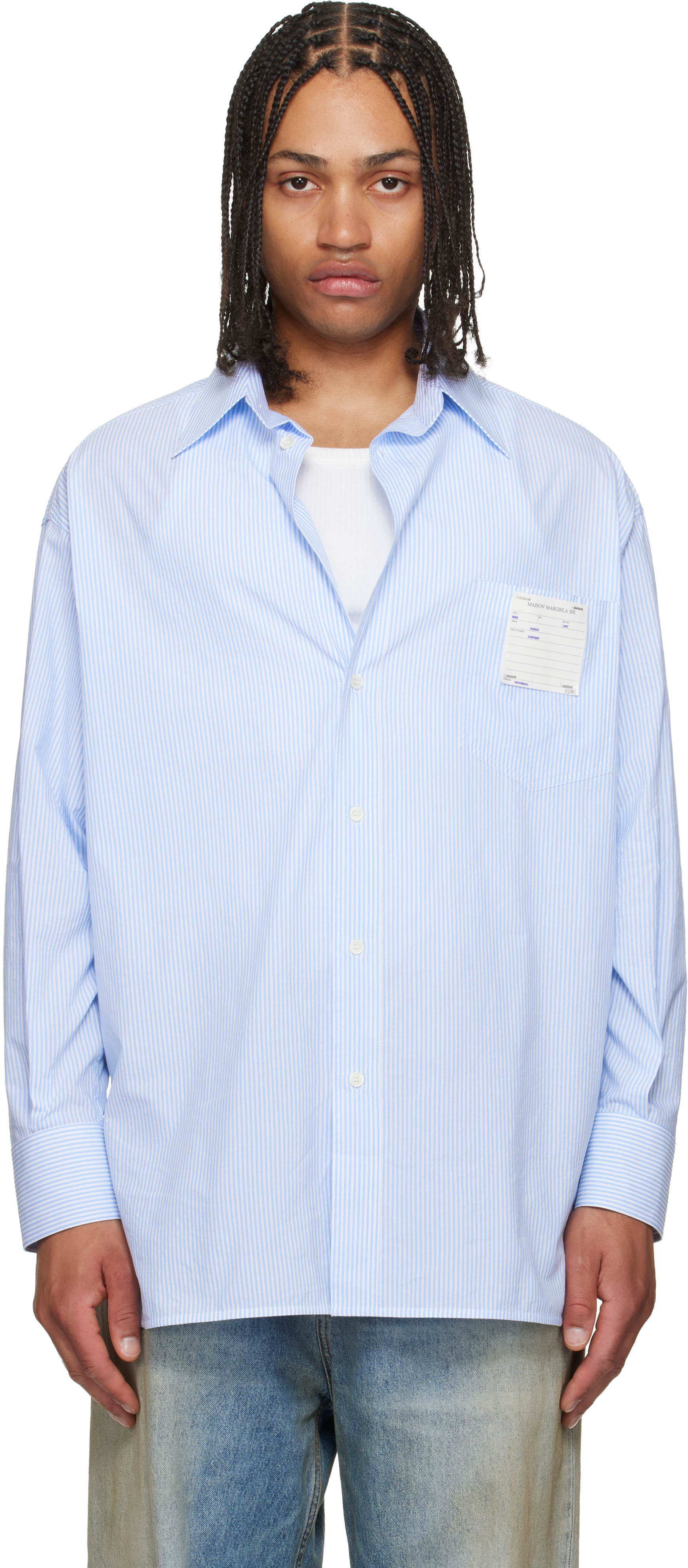 MM6 Maison Margiela: Blue Striped Poplin Shirt | SSENSE