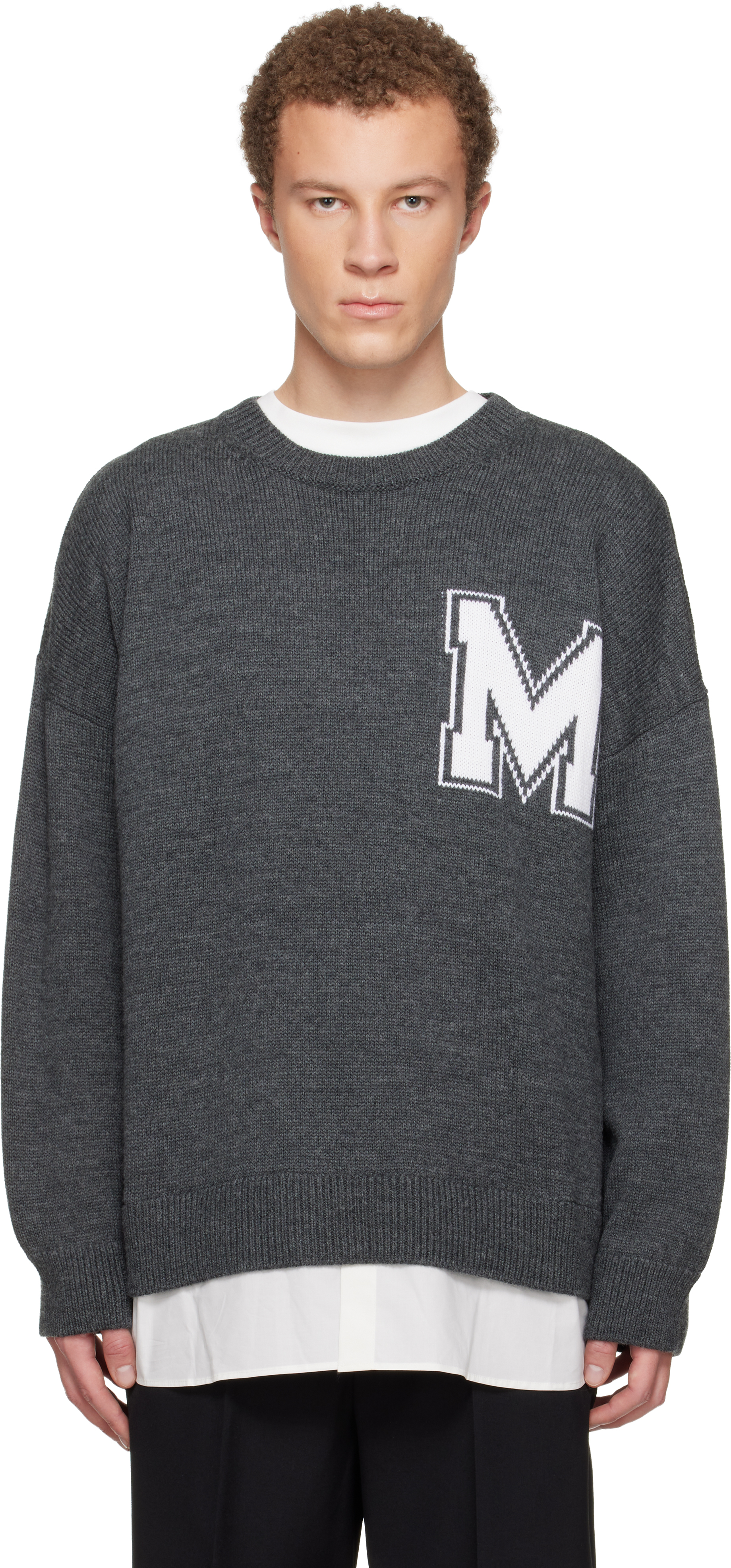 MM6 Maison Margiela: Gray Two-In-One Varsity Knit Sweater | SSENSE