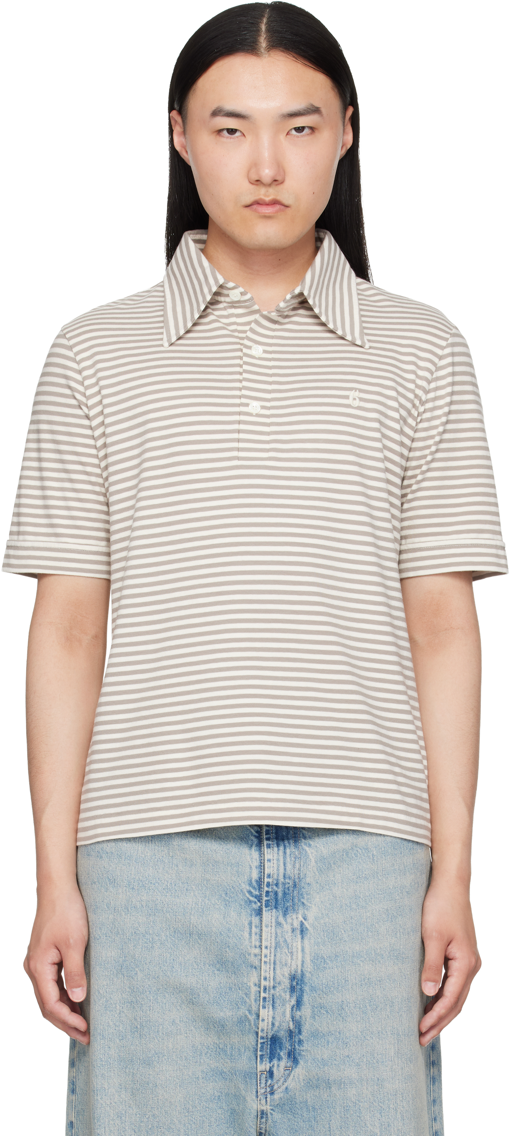 MM6 Maison Margiela: Off-White & Gray Striped Polo | SSENSE