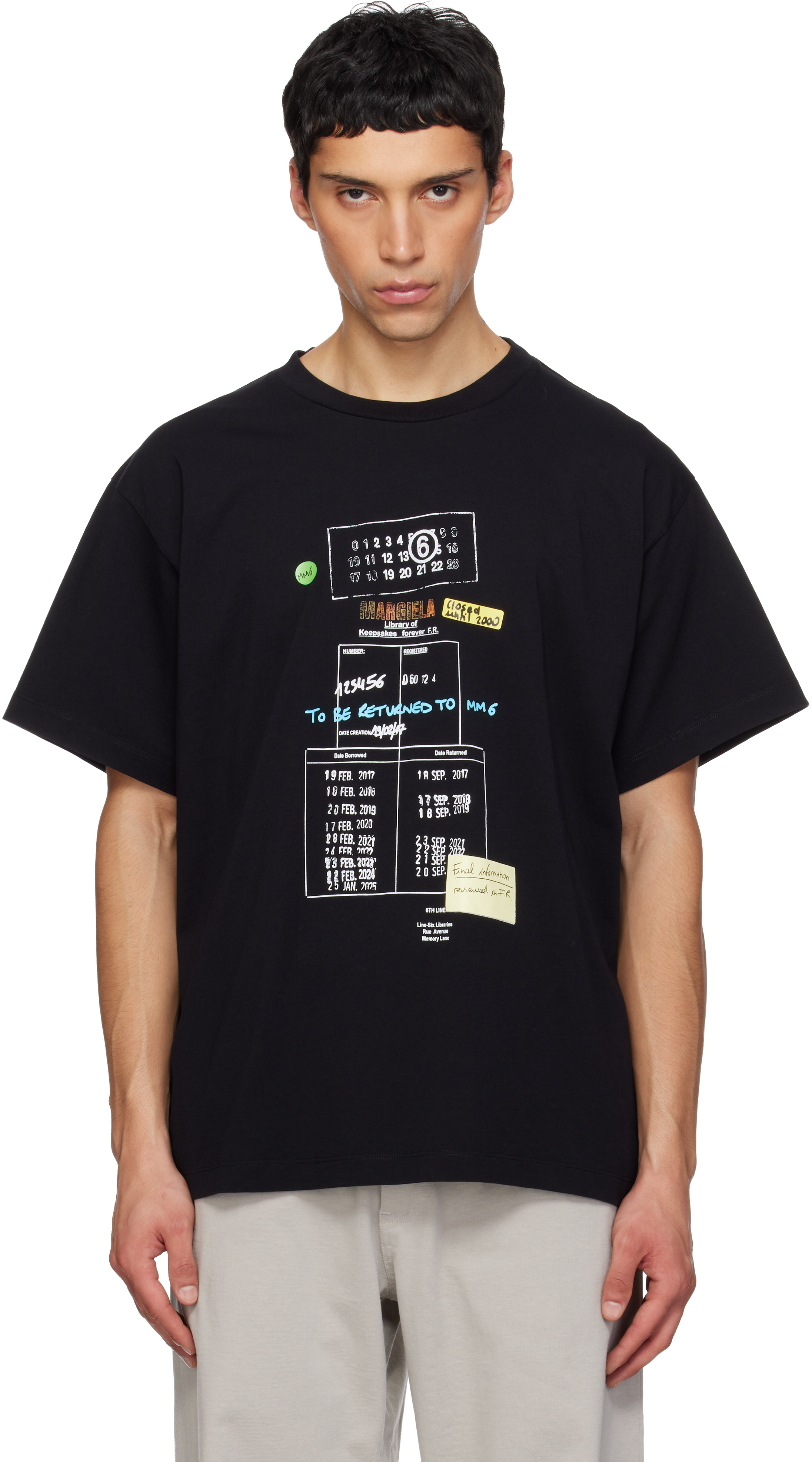 MM6 Maison Margiela: Black Library Stamp T-shirt | SSENSE