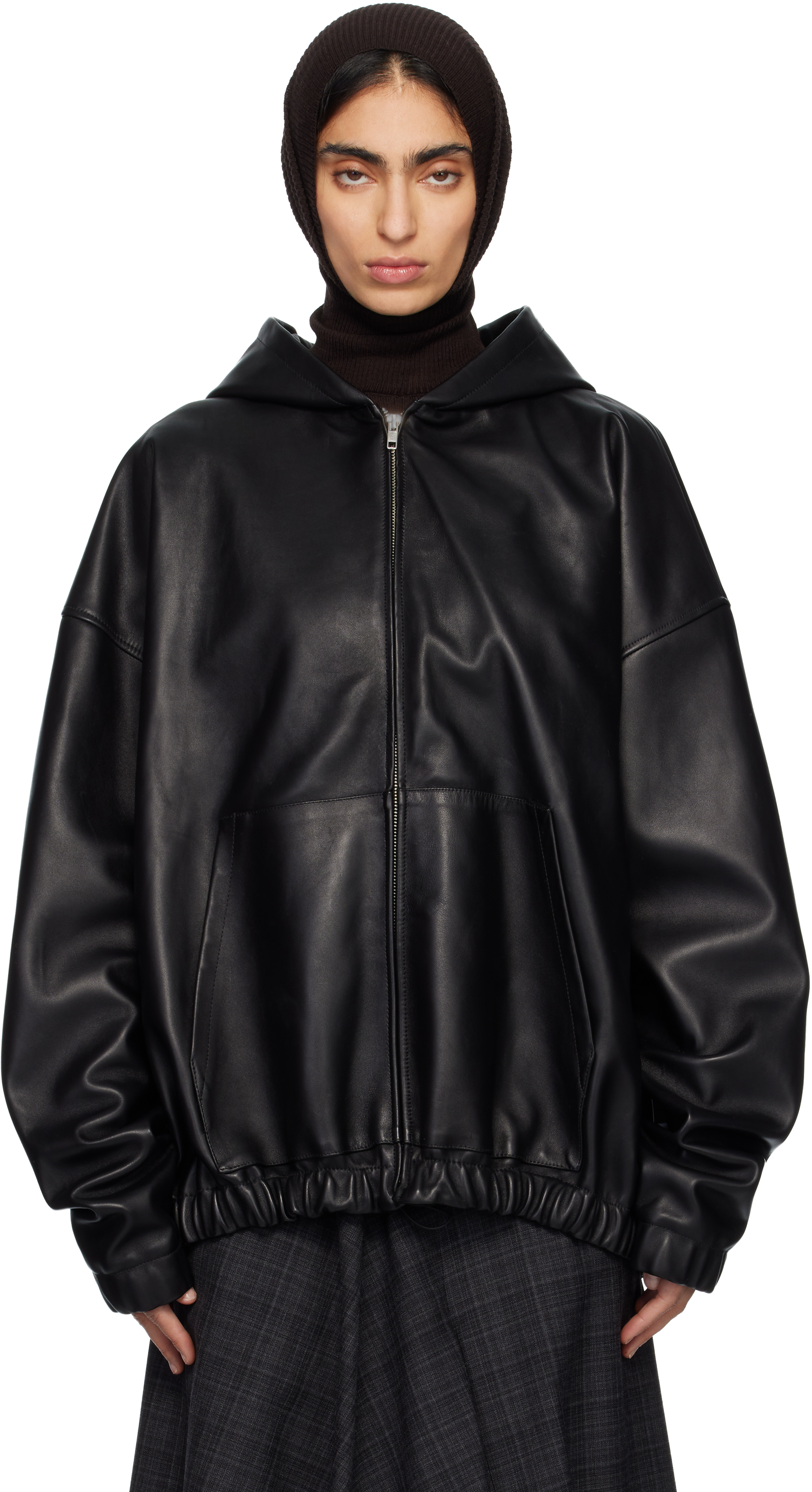 Black Leather Hoodie Jacket by MARIE ADAM-LEENAERDT on Sale