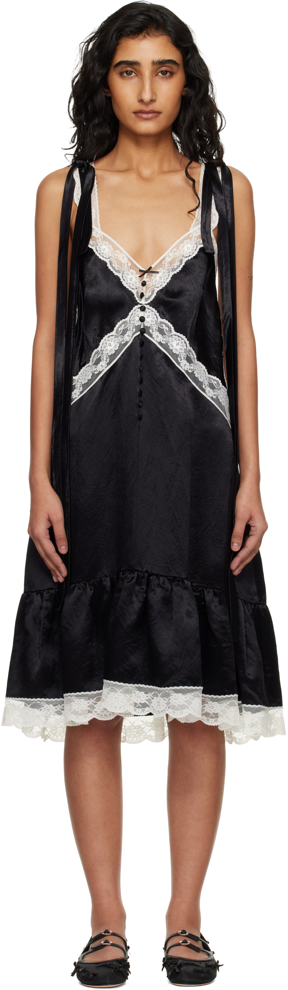 Marc Jacobs: Black Satin Lace Slip Midi Dress | SSENSE