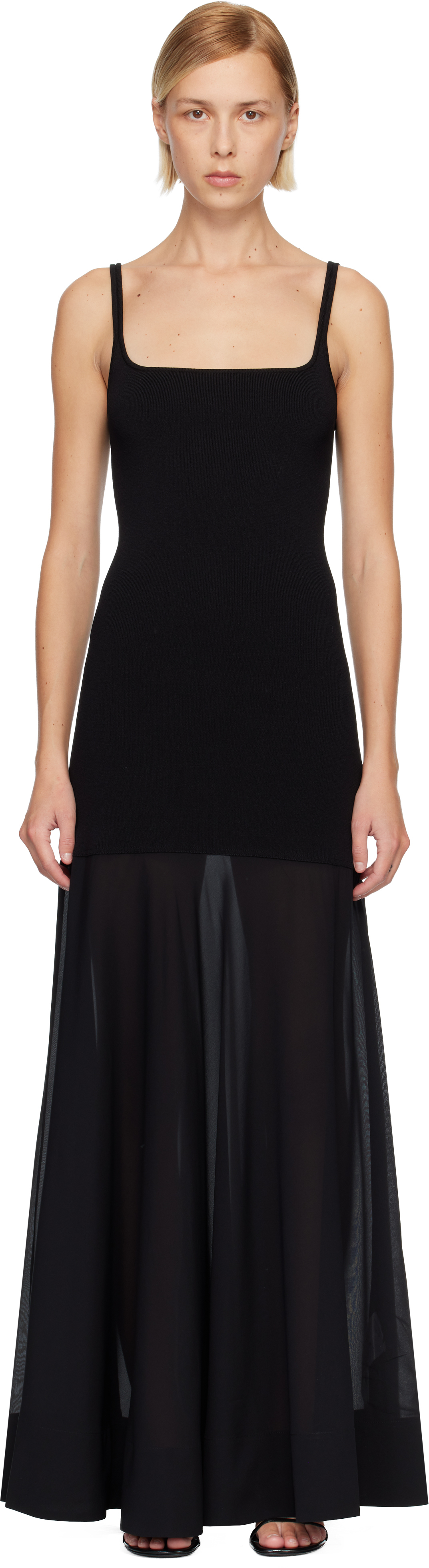 St. Agni Black Sheer Silk Circle Hem Maxi Dress